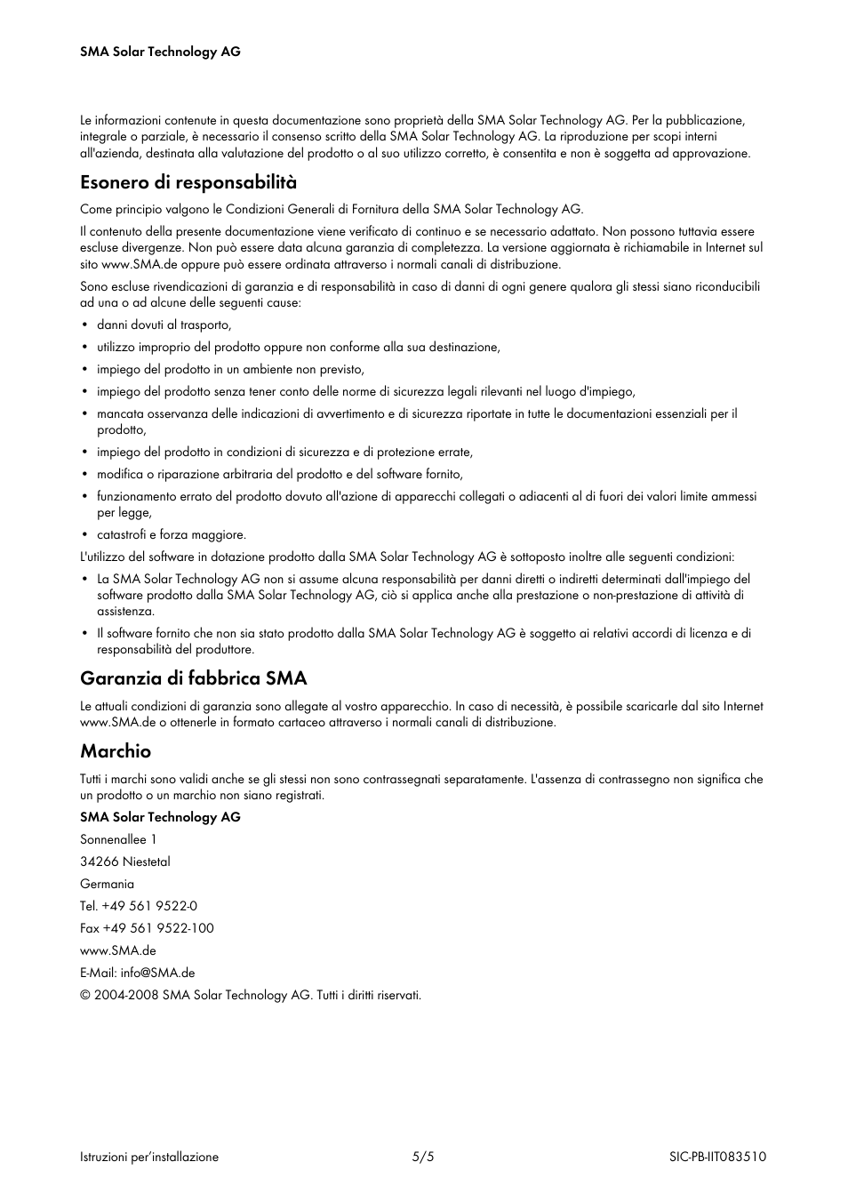 Esonero di responsabilità, Garanzia di fabbrica sma, Marchio | SMA SIC-PB User Manual | Page 22 / 28