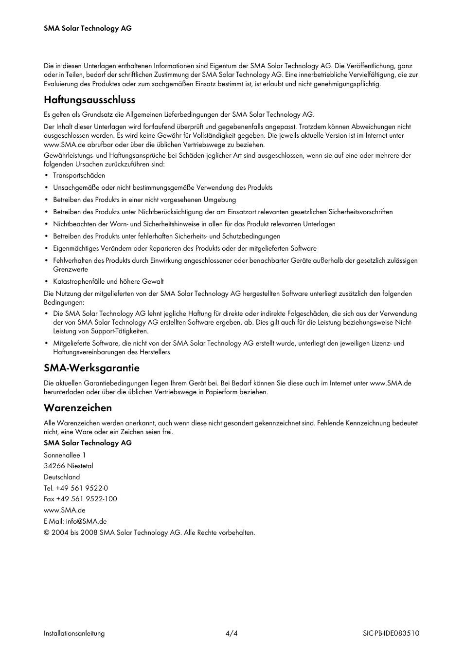 Haftungsausschluss, Sma-werksgarantie, Warenzeichen | SMA SIC-PB User Manual | Page 5 / 28