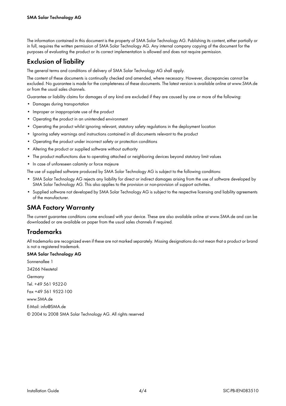 Exclusion of liability, Sma factory warranty, Trademarks | SMA SIC-PB User Manual | Page 9 / 28