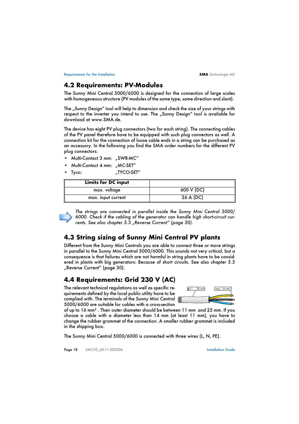 2 requirements: pv-modules, 3 string sizing of sunny mini central pv plants, 4 requirements: grid 230 v (ac) | Requirements: pv-modules, String sizing of sunny mini central pv plants, Requirements: grid 230 v (ac) | SMA SMC 5000 Installation User Manual | Page 18 / 58