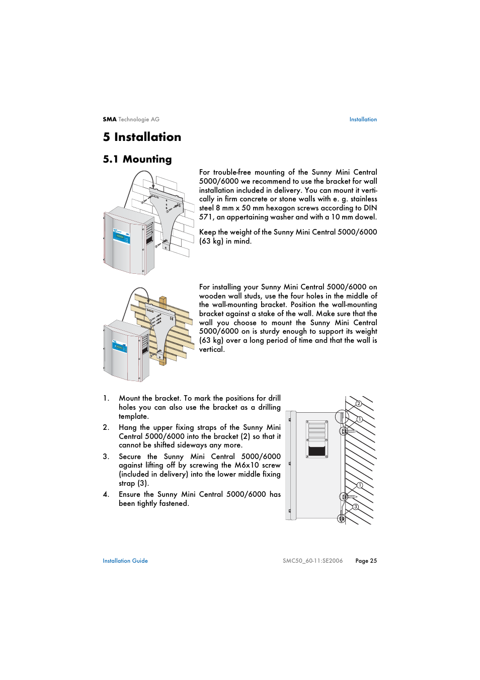 5 installation, 1 mounting, Installation | Mounting | SMA SMC 5000 Installation User Manual | Page 25 / 58