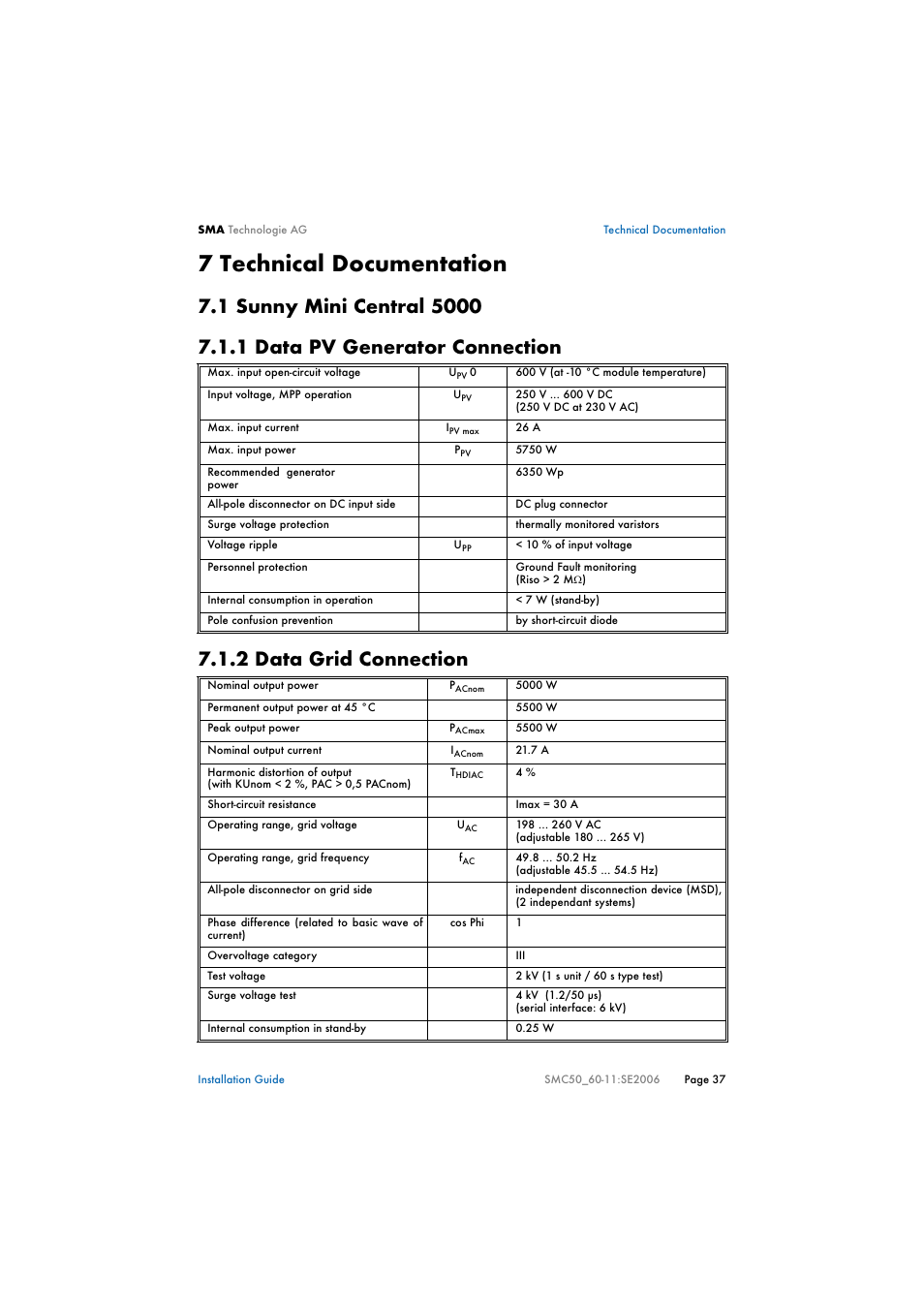 7 technical documentation, 1 sunny mini central 5000, 1 data pv generator connection | 2 data grid connection, Technical documentation, Sunny mini central 5000, Data pv generator connection, Data grid connection | SMA SMC 5000 Installation User Manual | Page 37 / 58
