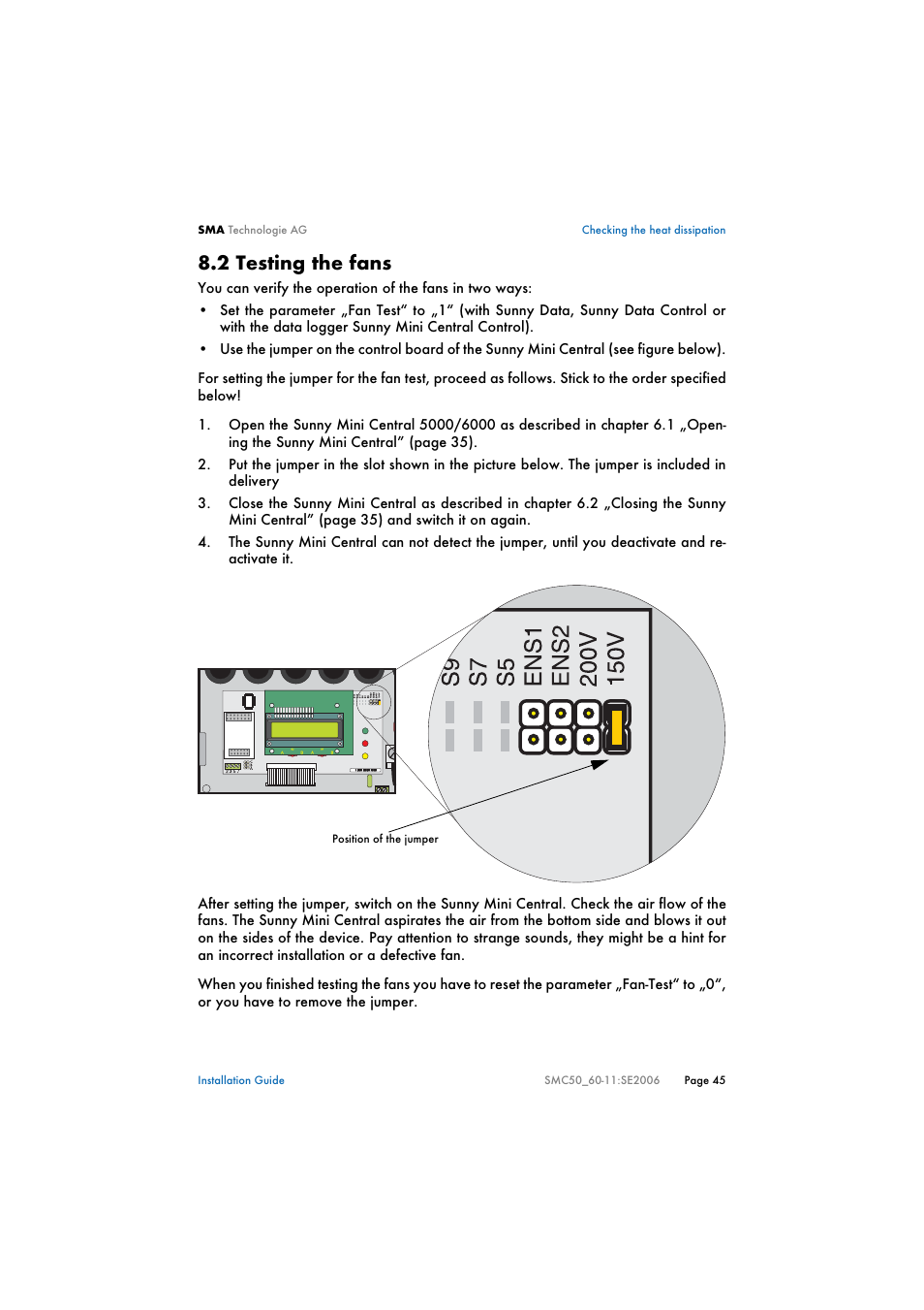 2 testing the fans, Testing the fans | SMA SMC 5000 Installation User Manual | Page 45 / 58