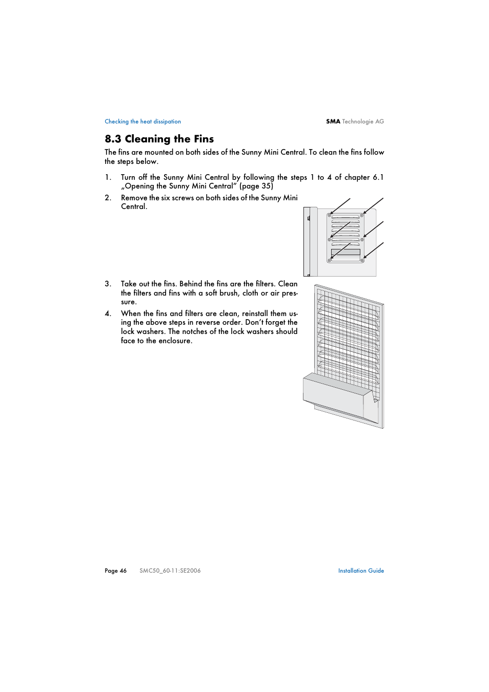 3 cleaning the fins, Cleaning the fins | SMA SMC 5000 Installation User Manual | Page 46 / 58