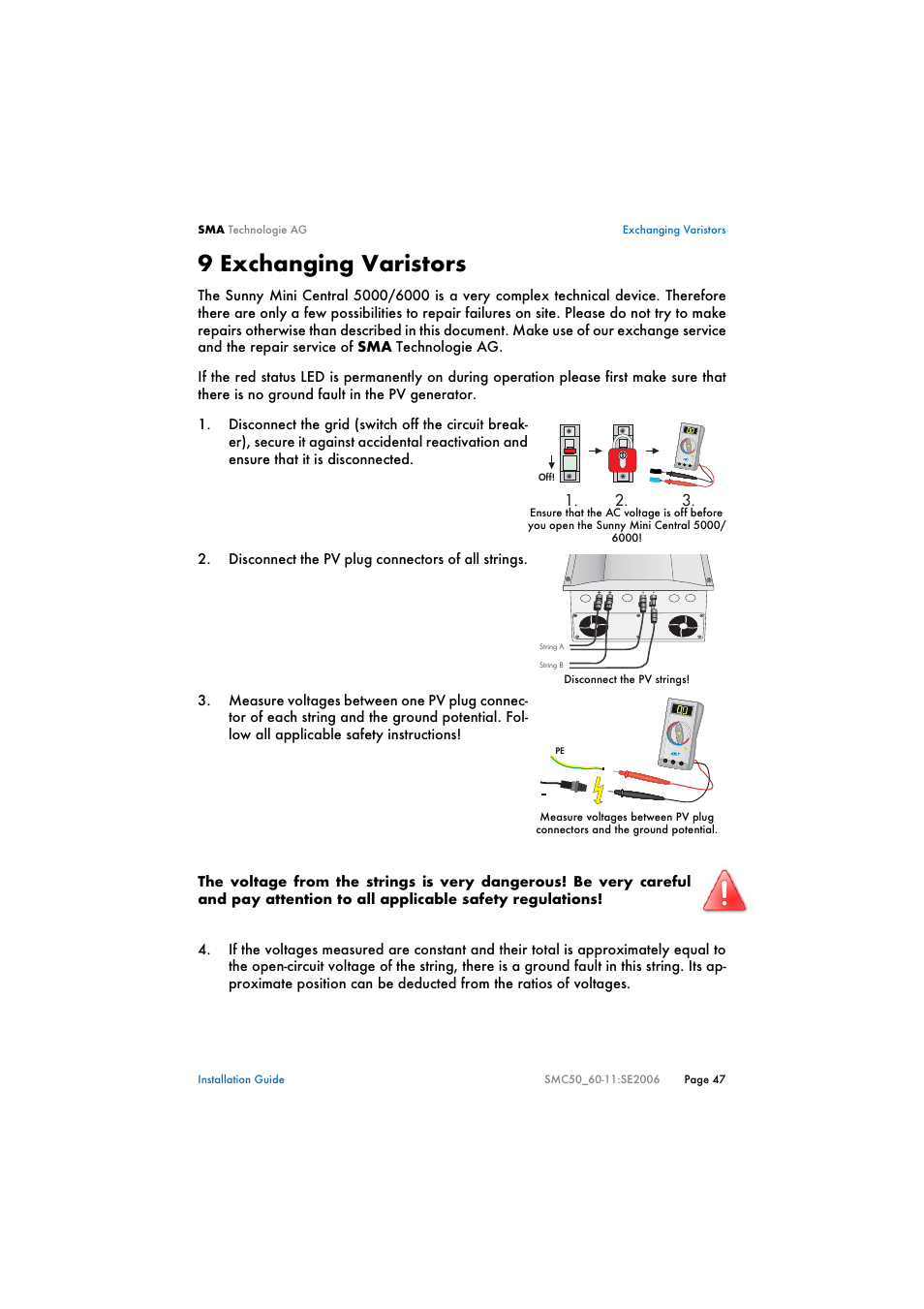 9 exchanging varistors, Exchanging varistors | SMA SMC 5000 Installation User Manual | Page 47 / 58