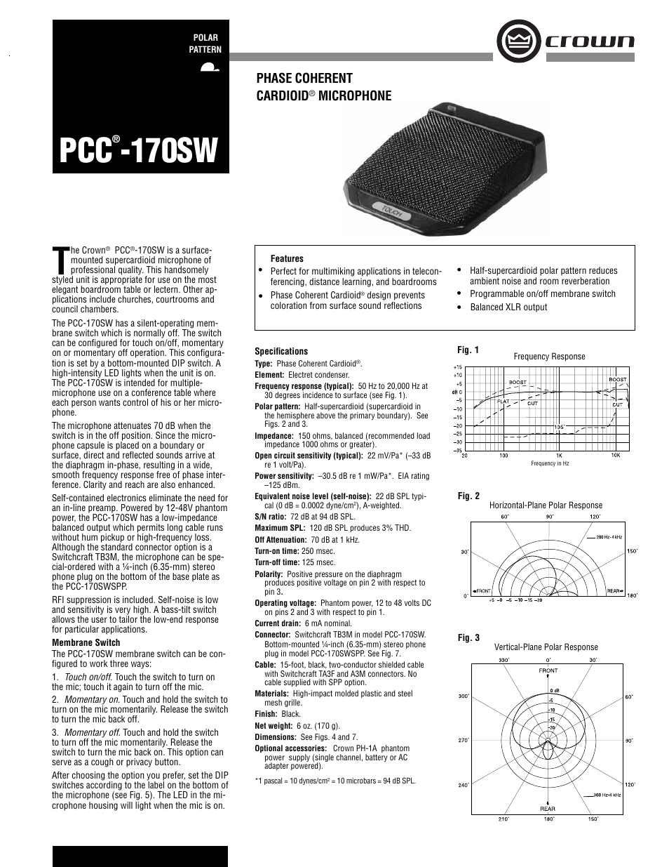 Crown Audio PCC-170SW User Manual | 2 pages