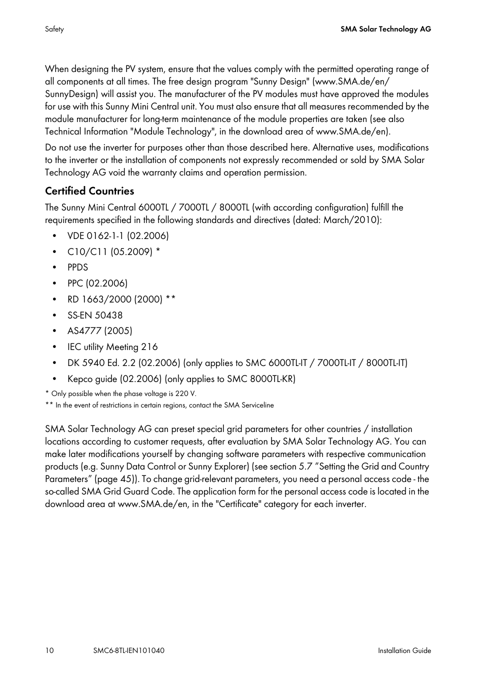 Certified countries | SMA SMC 6000TL Installation User Manual | Page 10 / 88