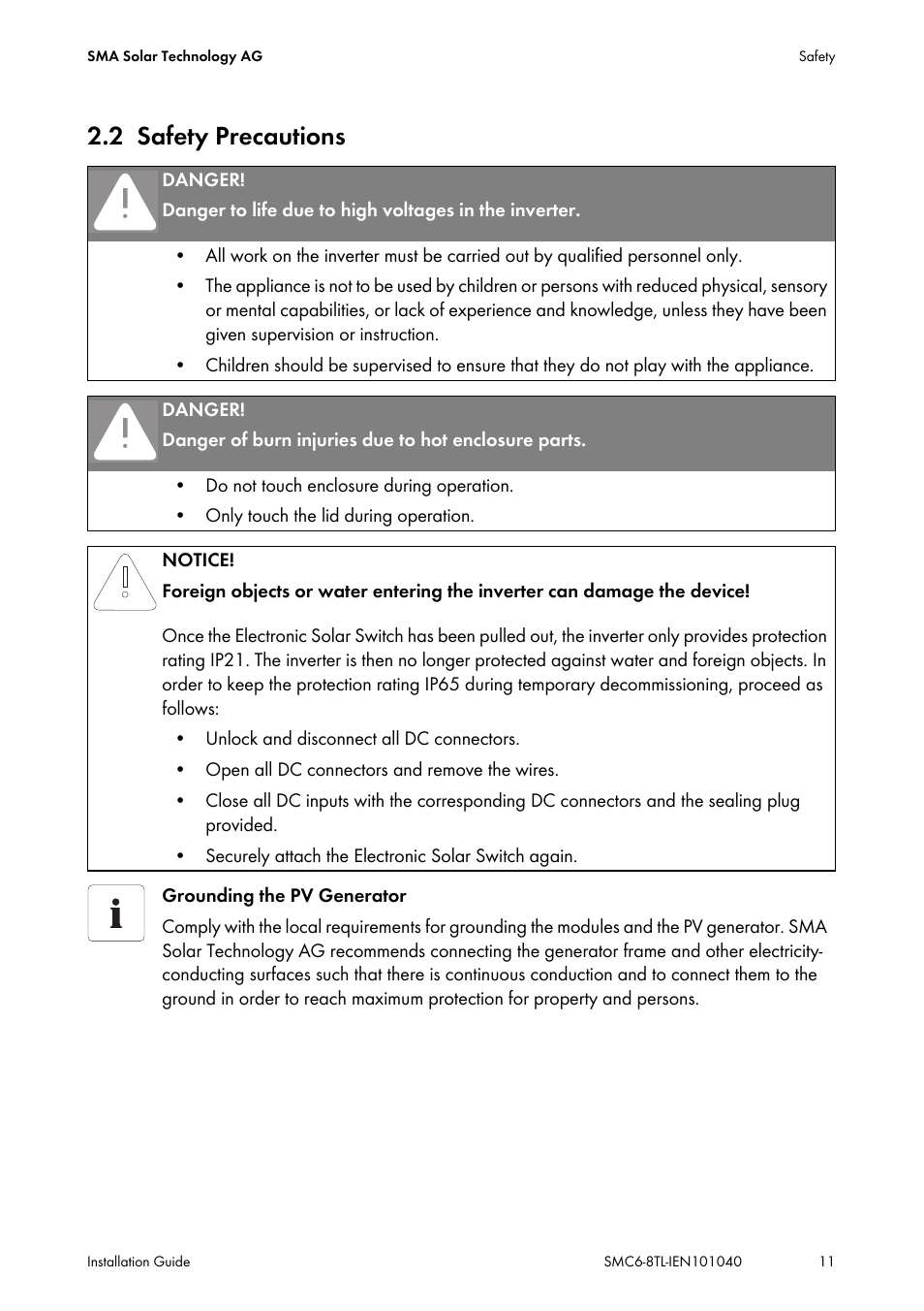 2 safety precautions, Safety precautions | SMA SMC 6000TL Installation User Manual | Page 11 / 88