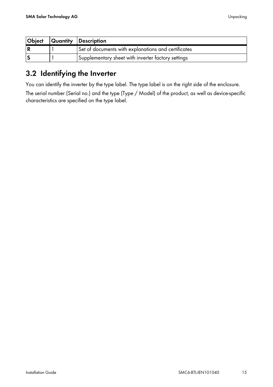 2 identifying the inverter, Identifying the inverter | SMA SMC 6000TL Installation User Manual | Page 15 / 88