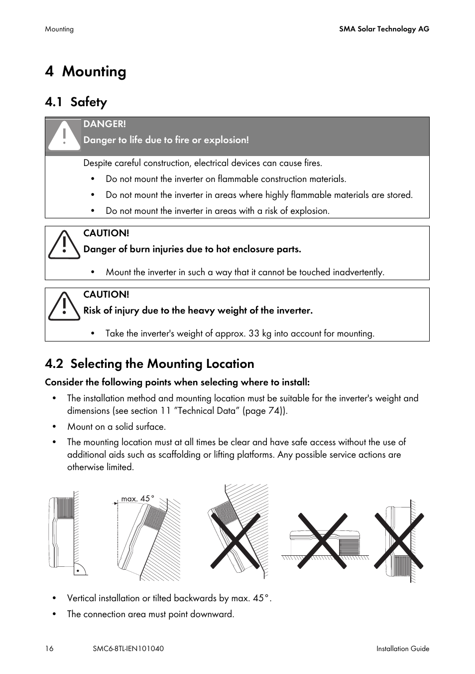 4 mounting, 1 safety, 2 selecting the mounting location | Mounting, Safety, Selecting the mounting location, 1 safety 4.2 selecting the mounting location | SMA SMC 6000TL Installation User Manual | Page 16 / 88