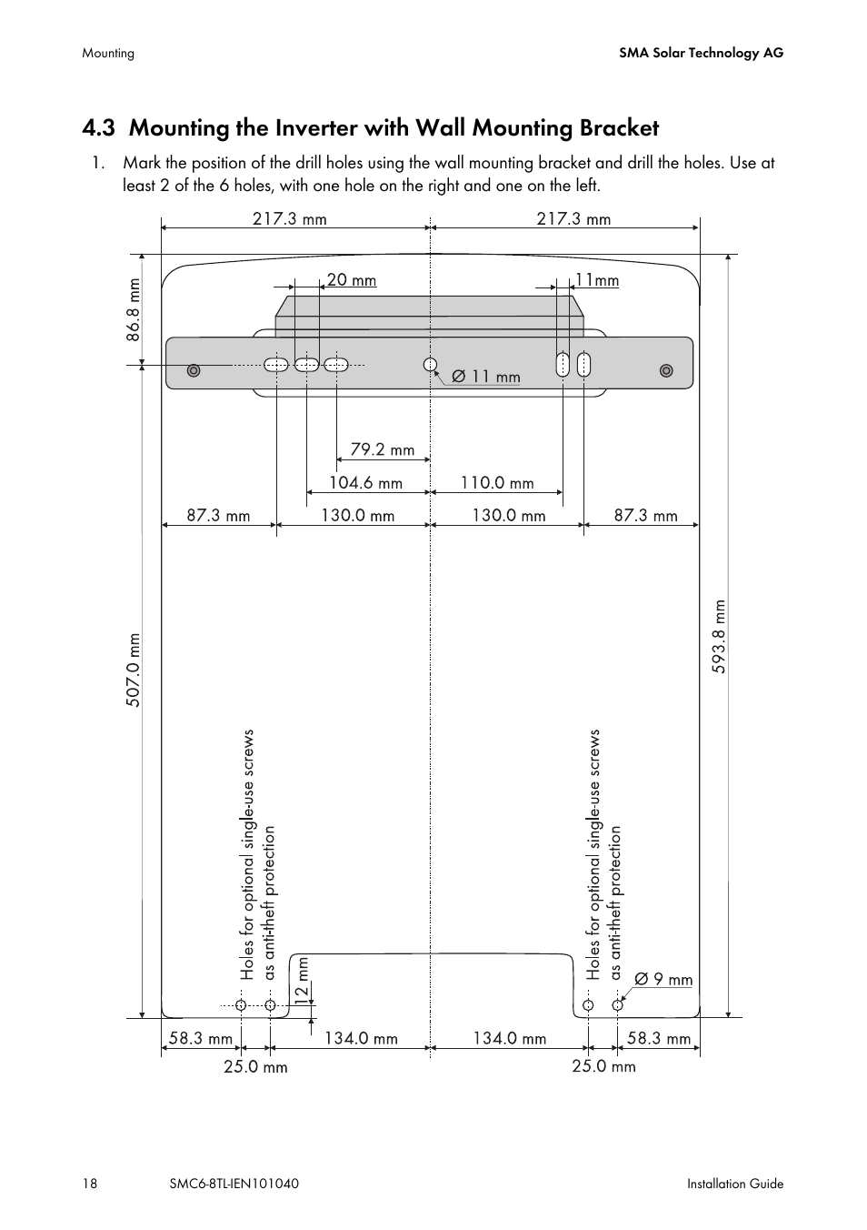 3 mounting the inverter with wall mounting bracket, Mounting the inverter with wall mounting bracket | SMA SMC 6000TL Installation User Manual | Page 18 / 88