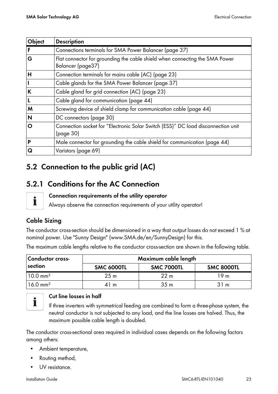 2 connection to the public grid (ac), 1 conditions for the ac connection, Connection to the public grid (ac) | Conditions for the ac connection | SMA SMC 6000TL Installation User Manual | Page 23 / 88