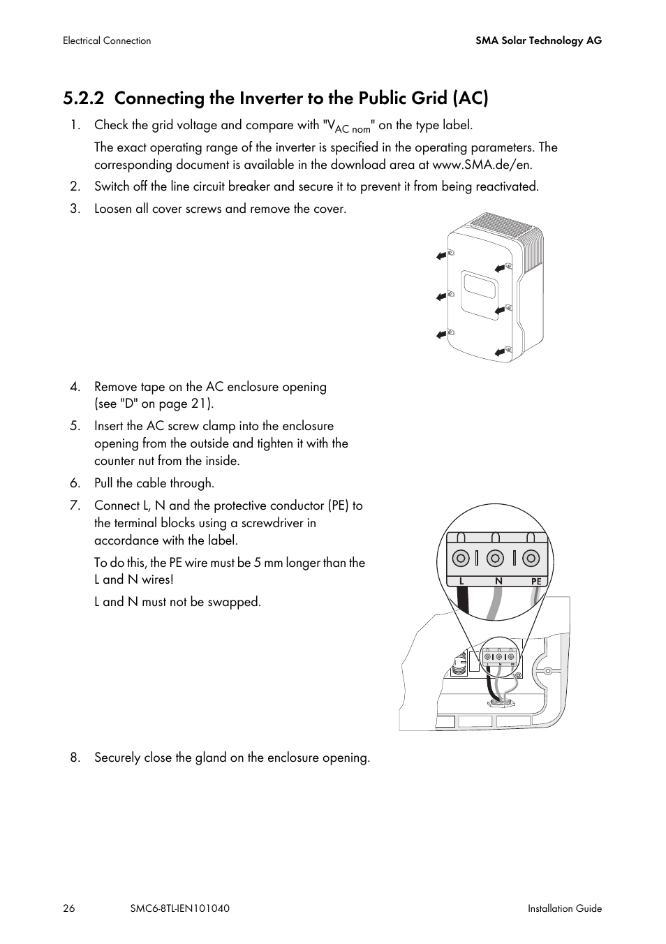 2 connecting the inverter to the public grid (ac), Connecting the inverter to the public grid (ac) | SMA SMC 6000TL Installation User Manual | Page 26 / 88