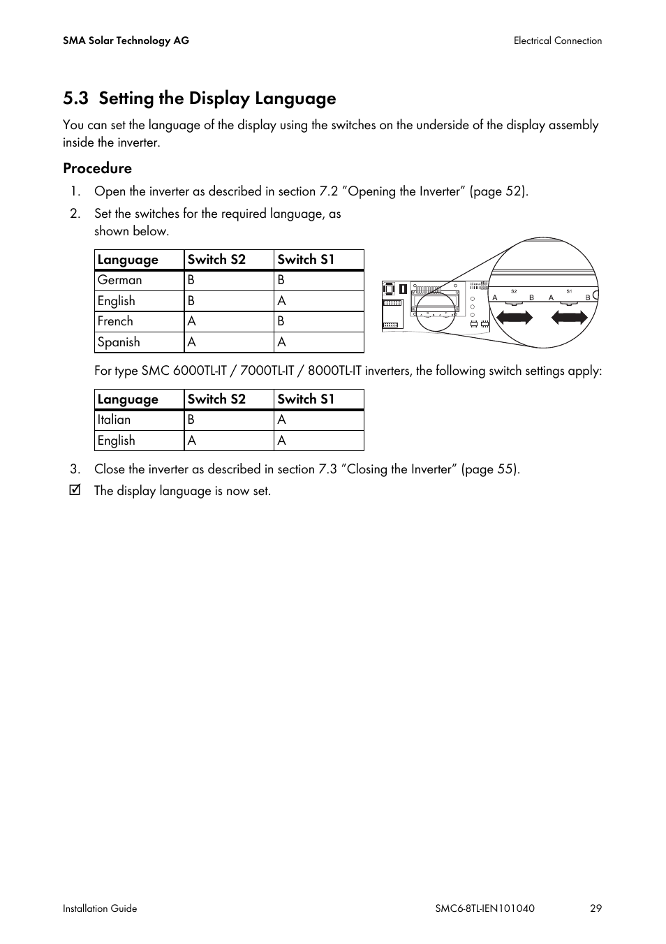 3 setting the display language, Setting the display language | SMA SMC 6000TL Installation User Manual | Page 29 / 88