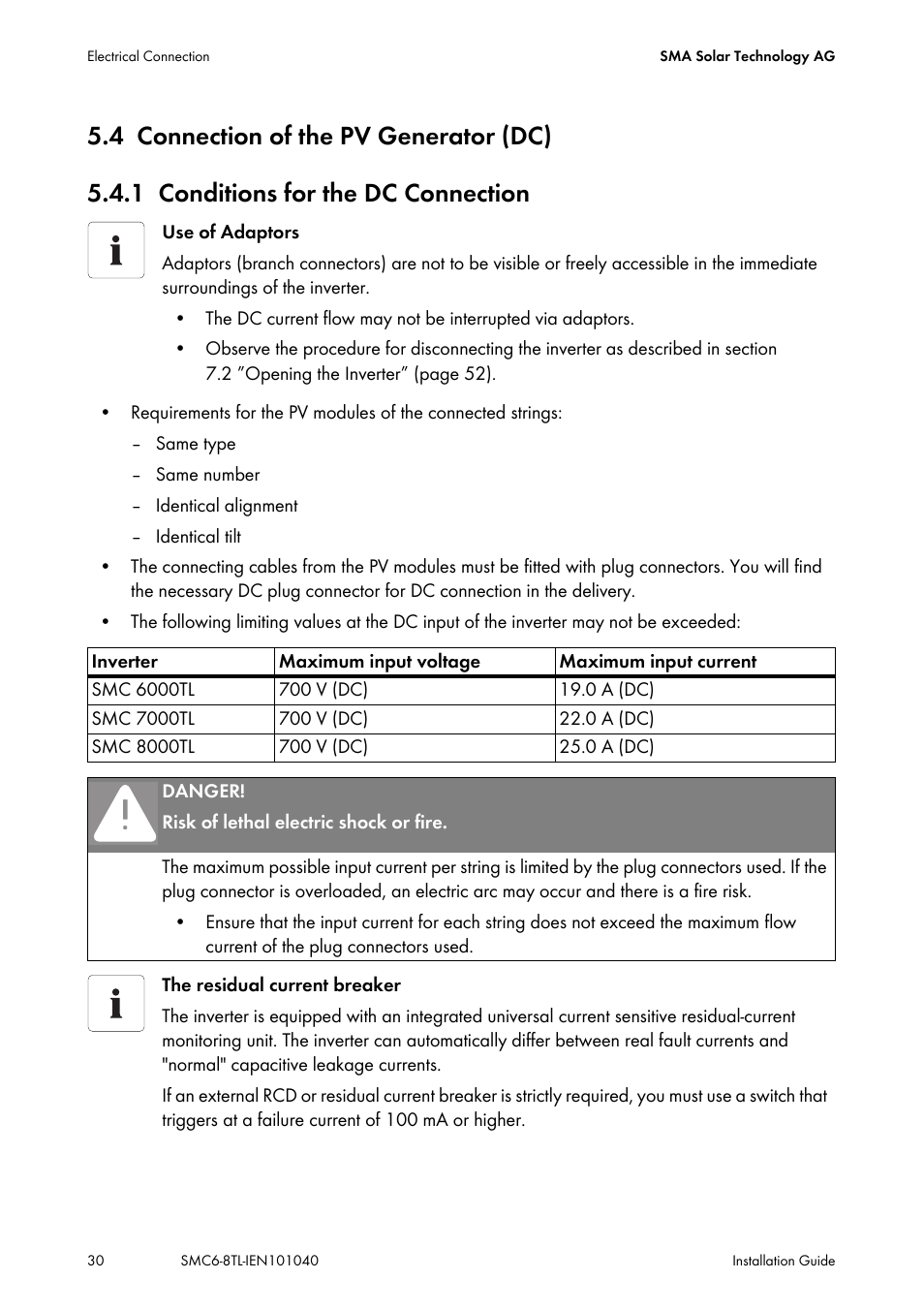 4 connection of the pv generator (dc), 1 conditions for the dc connection, Connection of the pv generator (dc) | Conditions for the dc connection | SMA SMC 6000TL Installation User Manual | Page 30 / 88