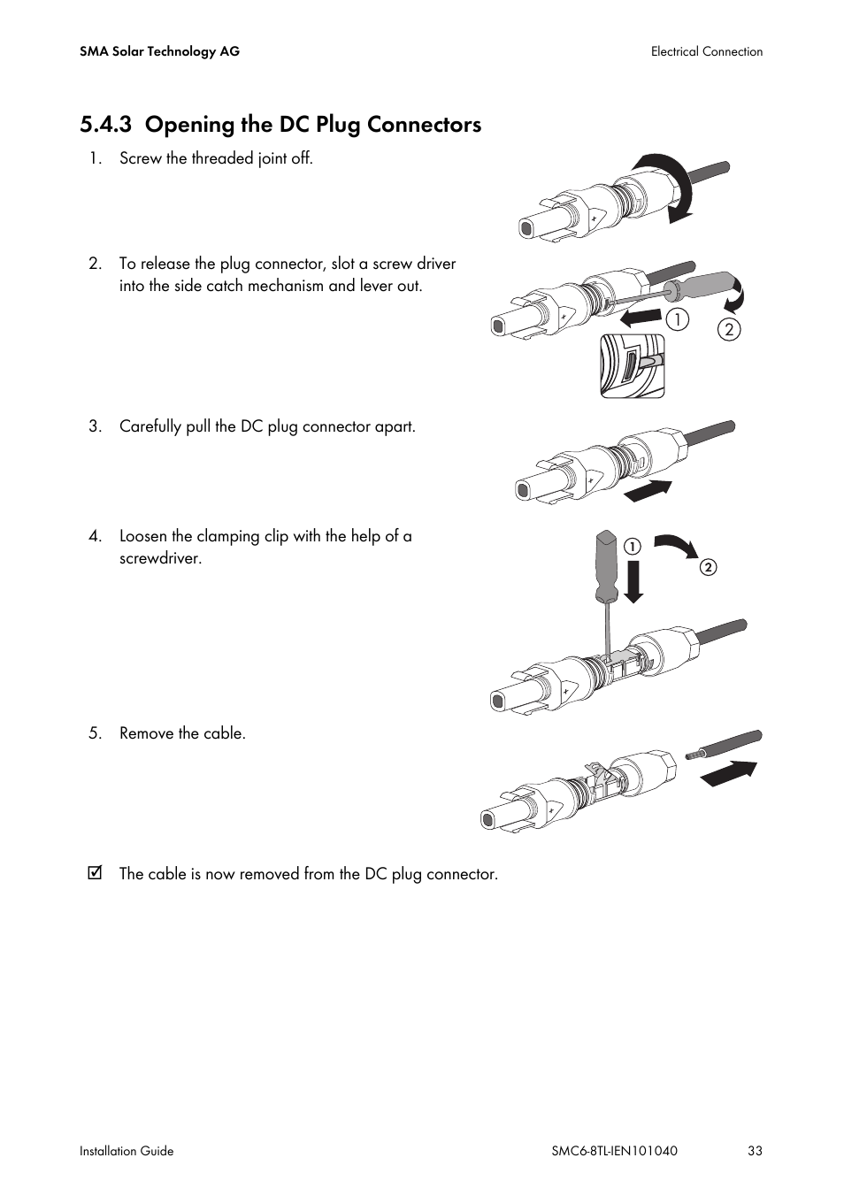 3 opening the dc plug connectors, Opening the dc plug connectors | SMA SMC 6000TL Installation User Manual | Page 33 / 88