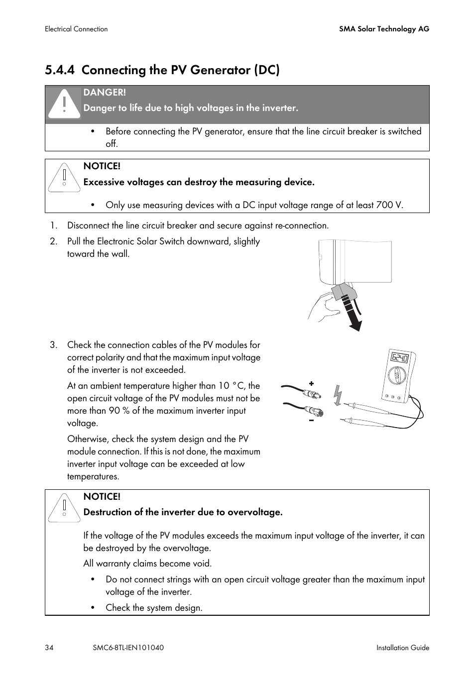 4 connecting the pv generator (dc), Connecting the pv generator (dc) | SMA SMC 6000TL Installation User Manual | Page 34 / 88