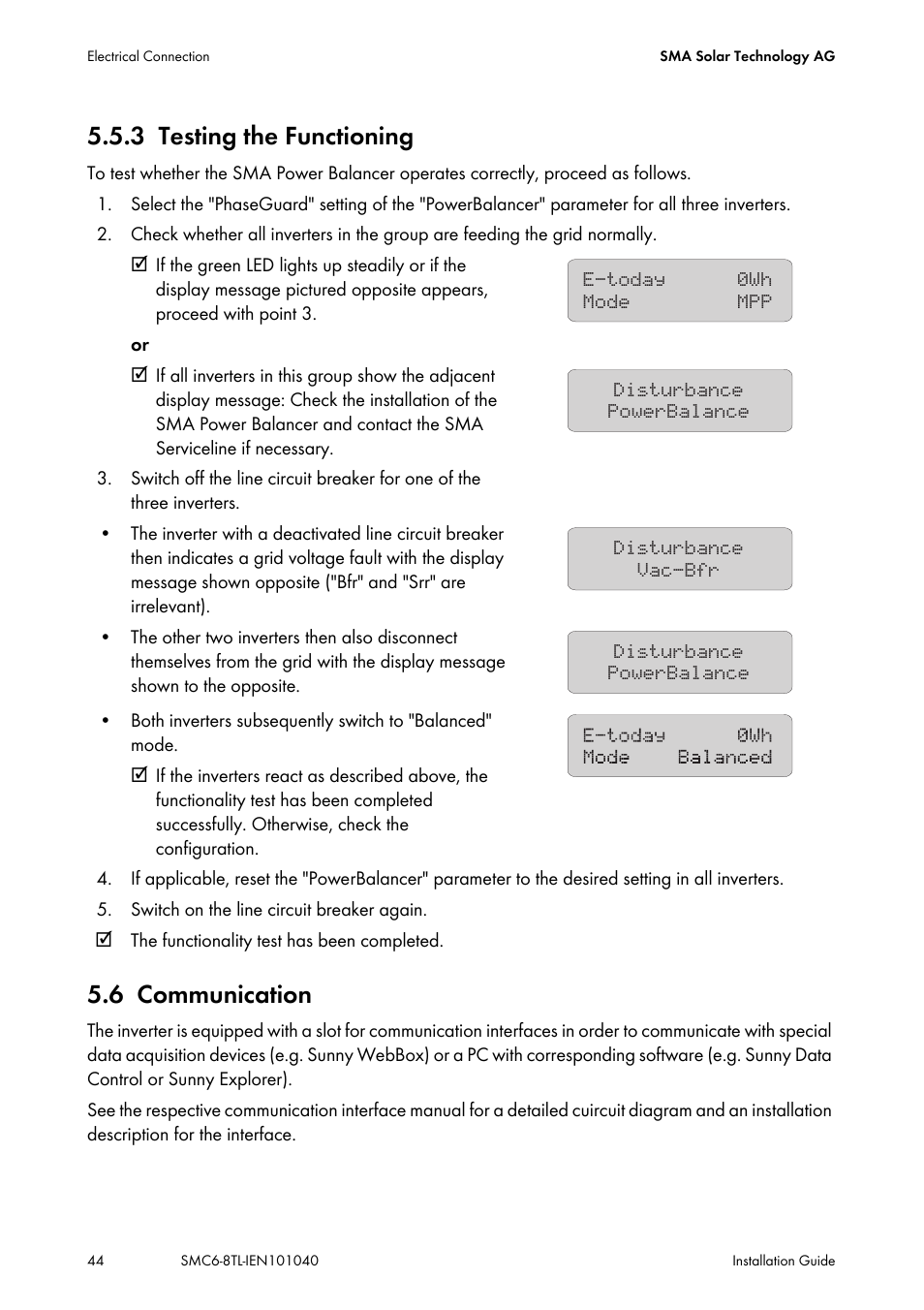 3 testing the functioning, 6 communication, Testing the functioning | Communication | SMA SMC 6000TL Installation User Manual | Page 44 / 88