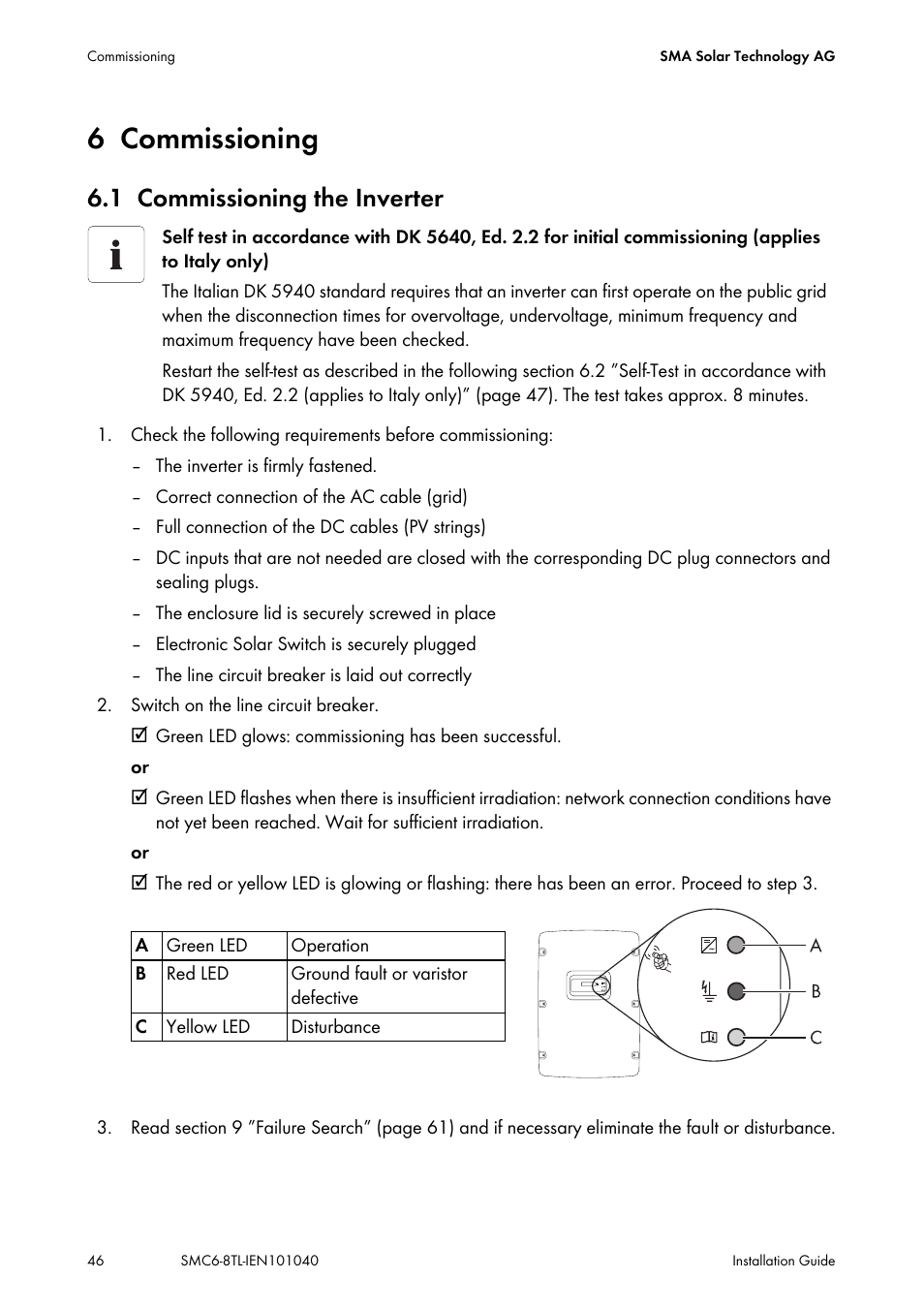 6 commissioning, 1 commissioning the inverter, Commissioning | Commissioning the inverter, Age 46) | SMA SMC 6000TL Installation User Manual | Page 46 / 88