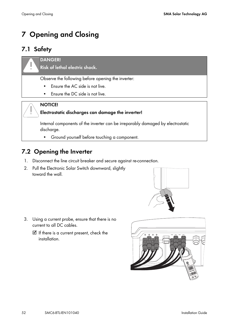 7 opening and closing, 1 safety, 2 opening the inverter | Opening and closing, Safety, Opening the inverter, 1 safety 7.2 opening the inverter | SMA SMC 6000TL Installation User Manual | Page 52 / 88