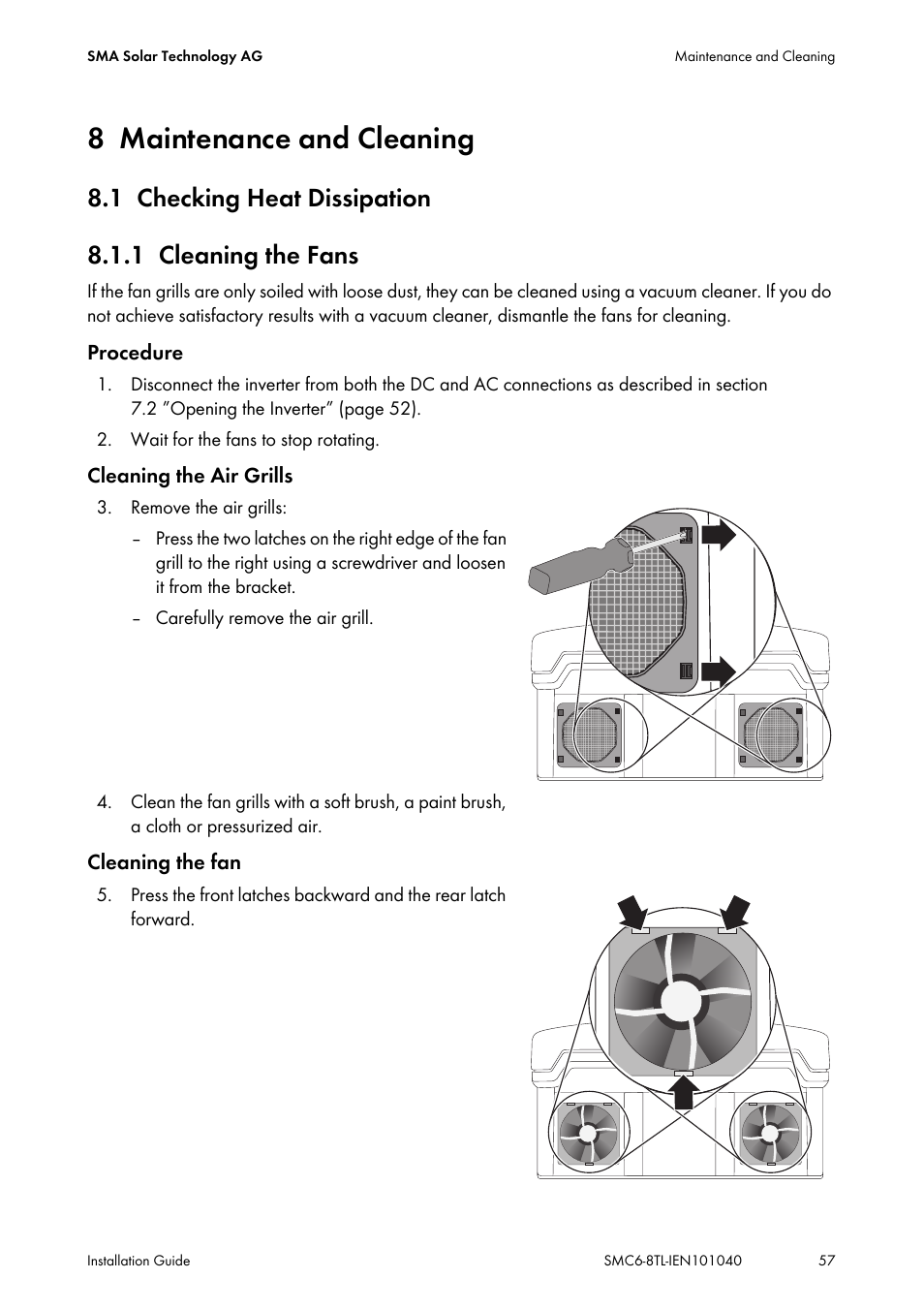 8 maintenance and cleaning, 1 checking heat dissipation, 1 cleaning the fans | Maintenance and cleaning, Checking heat dissipation, Cleaning the fans | SMA SMC 6000TL Installation User Manual | Page 57 / 88