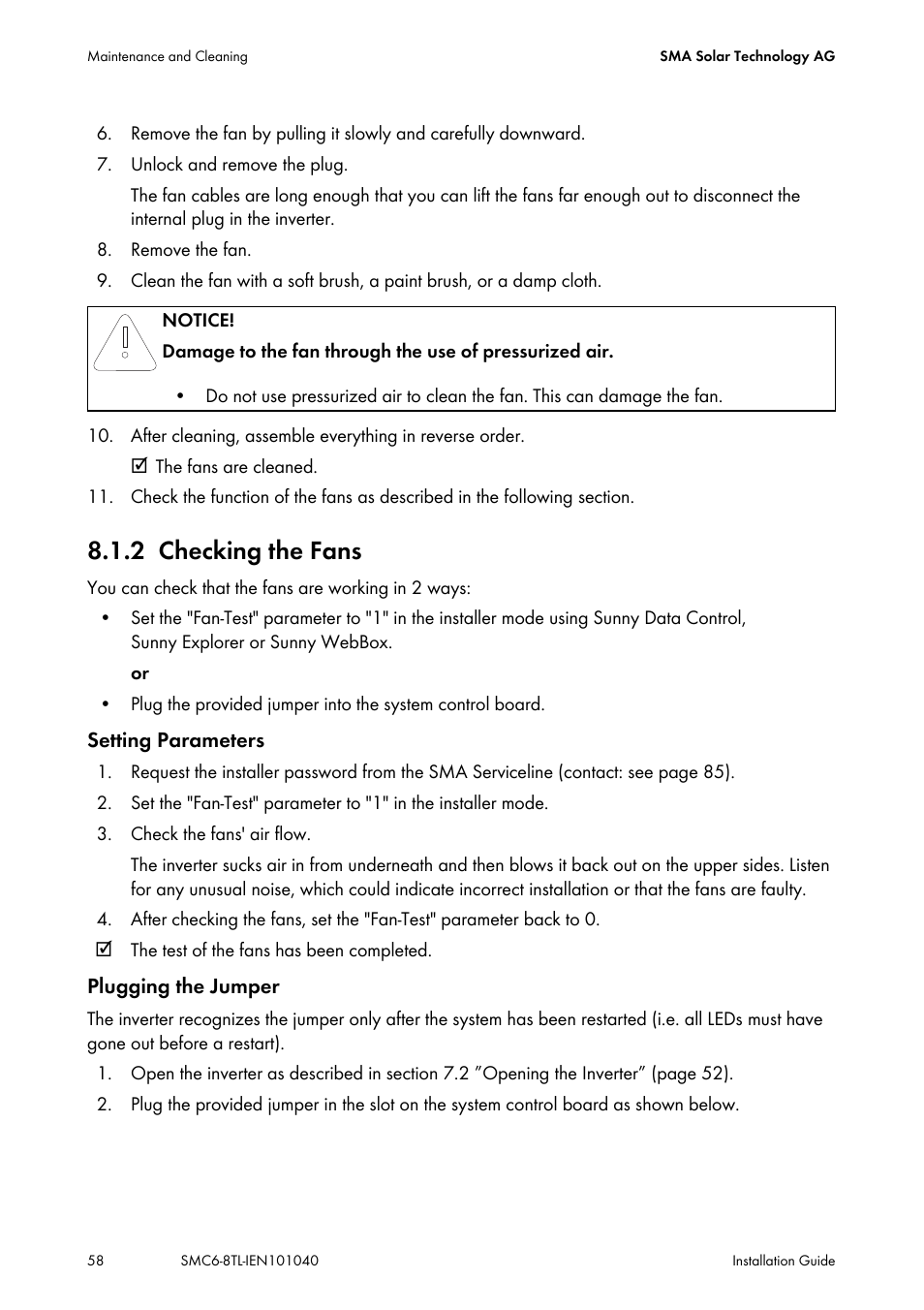 2 checking the fans, Checking the fans | SMA SMC 6000TL Installation User Manual | Page 58 / 88