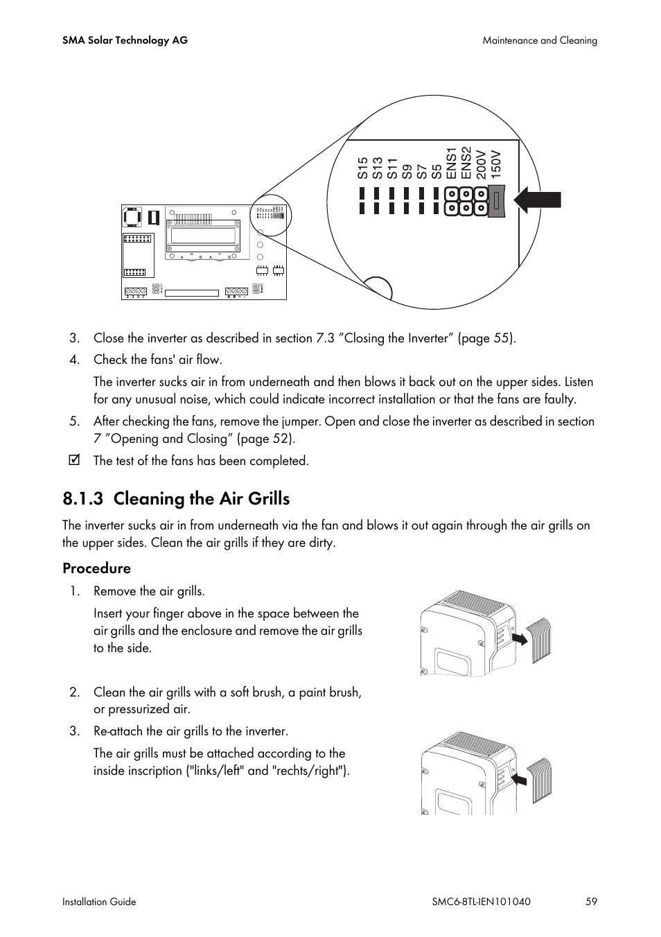 3 cleaning the air grills, Cleaning the air grills | SMA SMC 6000TL Installation User Manual | Page 59 / 88