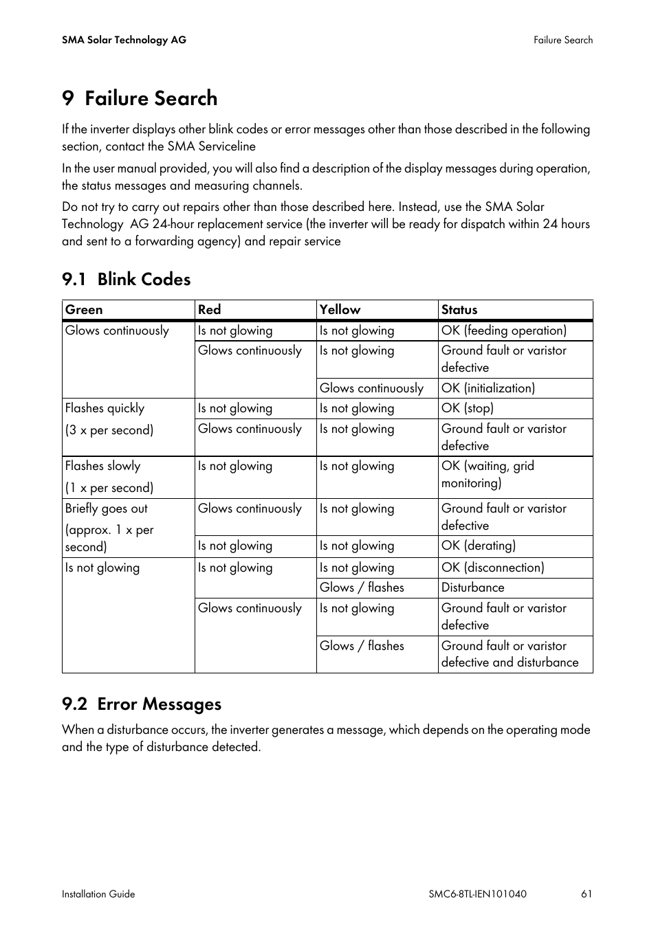 9 failure search, 1 blink codes, 2 error messages | Failure search, Blink codes, Error messages, 1 blink codes 9.2 error messages | SMA SMC 6000TL Installation User Manual | Page 61 / 88