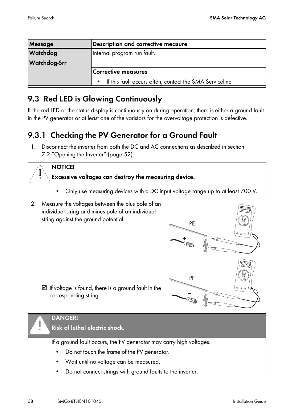 3 red led is glowing continuously, 1 checking the pv generator for a ground fault, Red led is glowing continuously | Checking the pv generator for a ground fault, In section 9.3.1 ”checking the pv generator | SMA SMC 6000TL Installation User Manual | Page 68 / 88