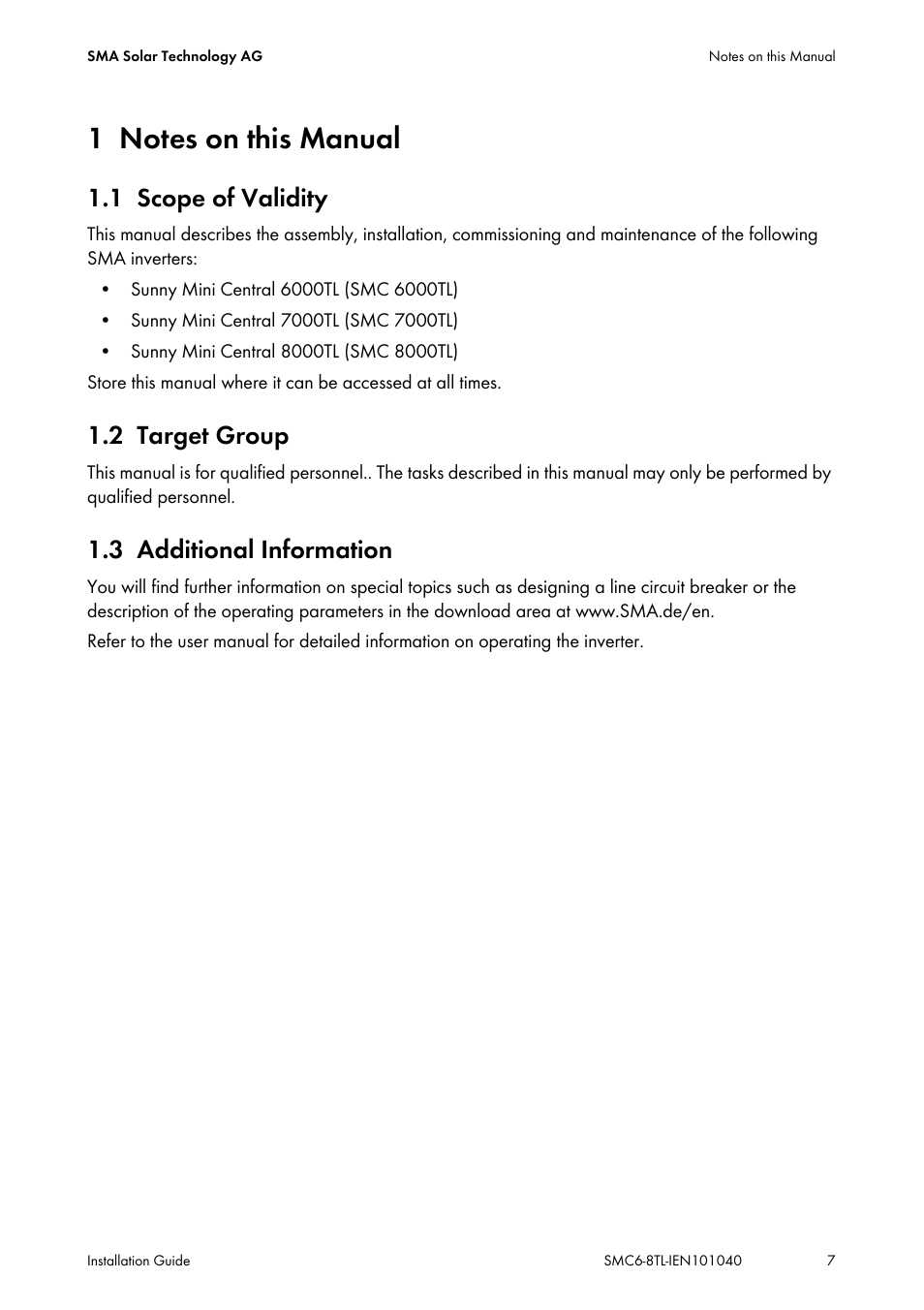 1 notes on this manual, 1 scope of validity, 2 target group | 3 additional information, Notes on this manual, Scope of validity, Target group, Additional information | SMA SMC 6000TL Installation User Manual | Page 7 / 88