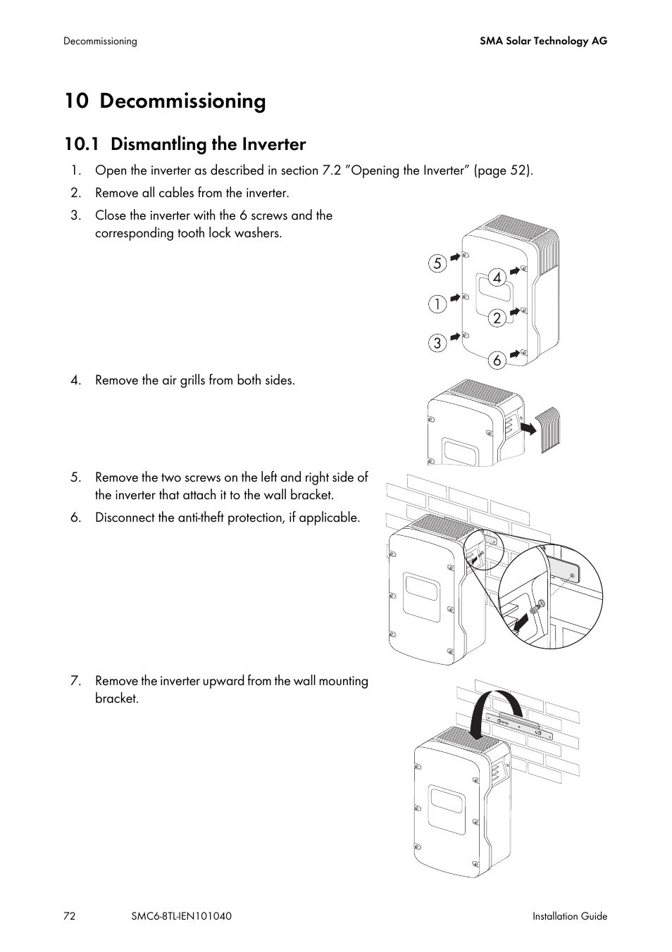 10 decommissioning, 1 dismantling the inverter, Decommissioning | Dismantling the inverter | SMA SMC 6000TL Installation User Manual | Page 72 / 88