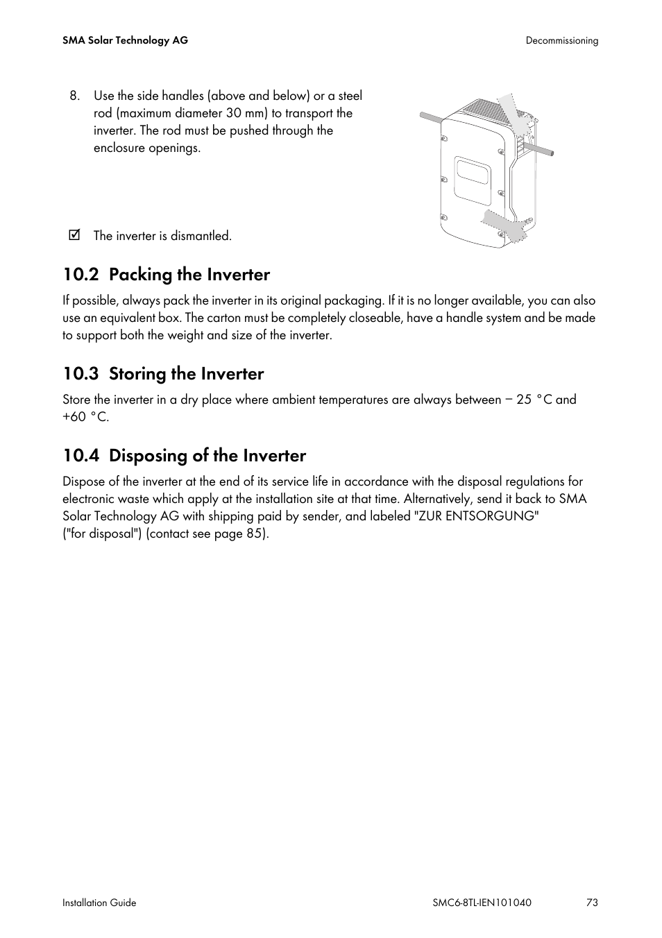 2 packing the inverter, 3 storing the inverter, 4 disposing of the inverter | Packing the inverter, Storing the inverter, Disposing of the inverter | SMA SMC 6000TL Installation User Manual | Page 73 / 88