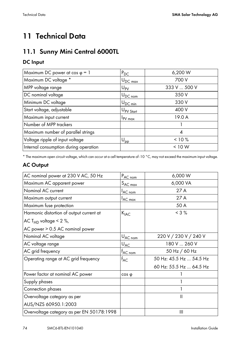 11 technical data, 1 sunny mini central 6000tl, Technical data | Sunny mini central 6000tl | SMA SMC 6000TL Installation User Manual | Page 74 / 88