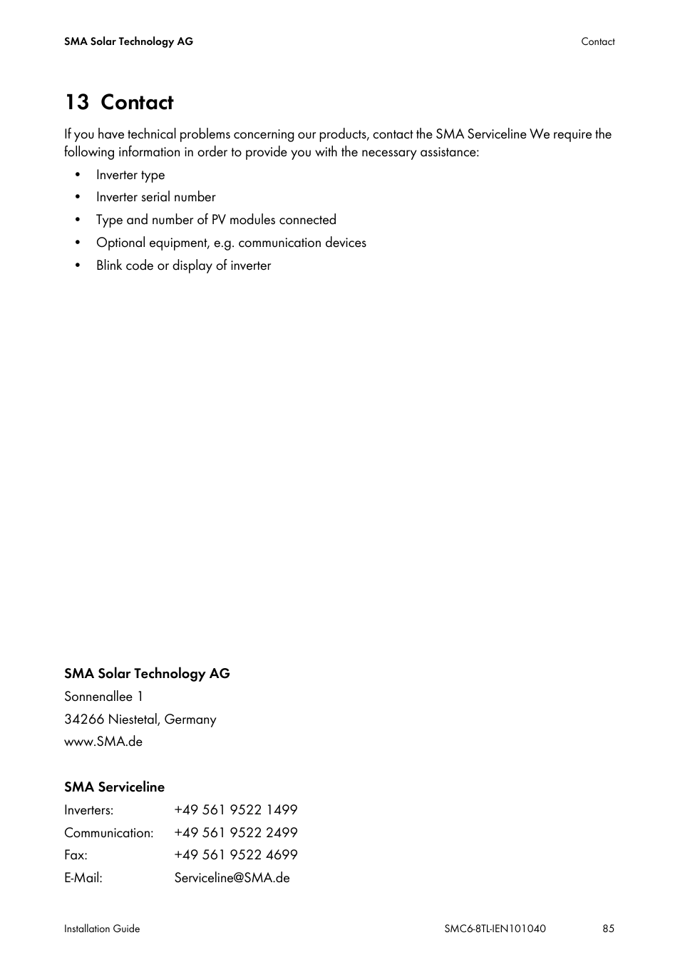 13 contact, Contact | SMA SMC 6000TL Installation User Manual | Page 85 / 88