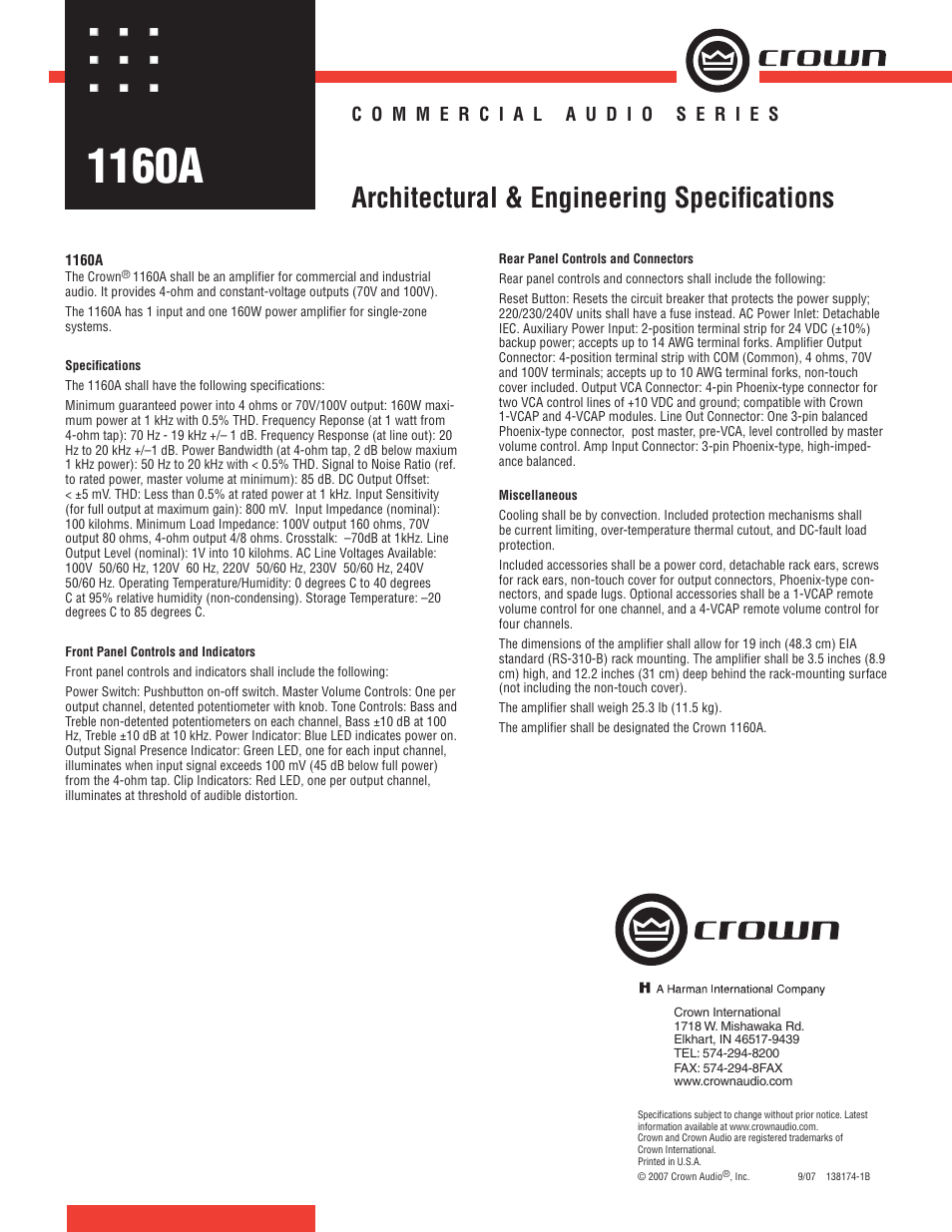 Crown Audio 1160A User Manual | 1 page