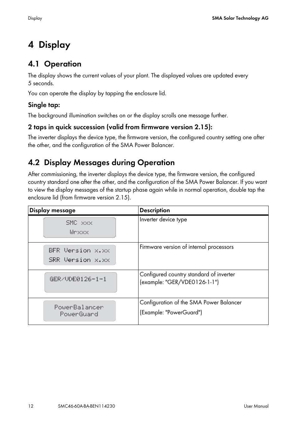 4 display, 1 operation, 2 display messages during operation | Display, Operation, Display messages during operation | SMA SMC 4600A User Manual | Page 12 / 24