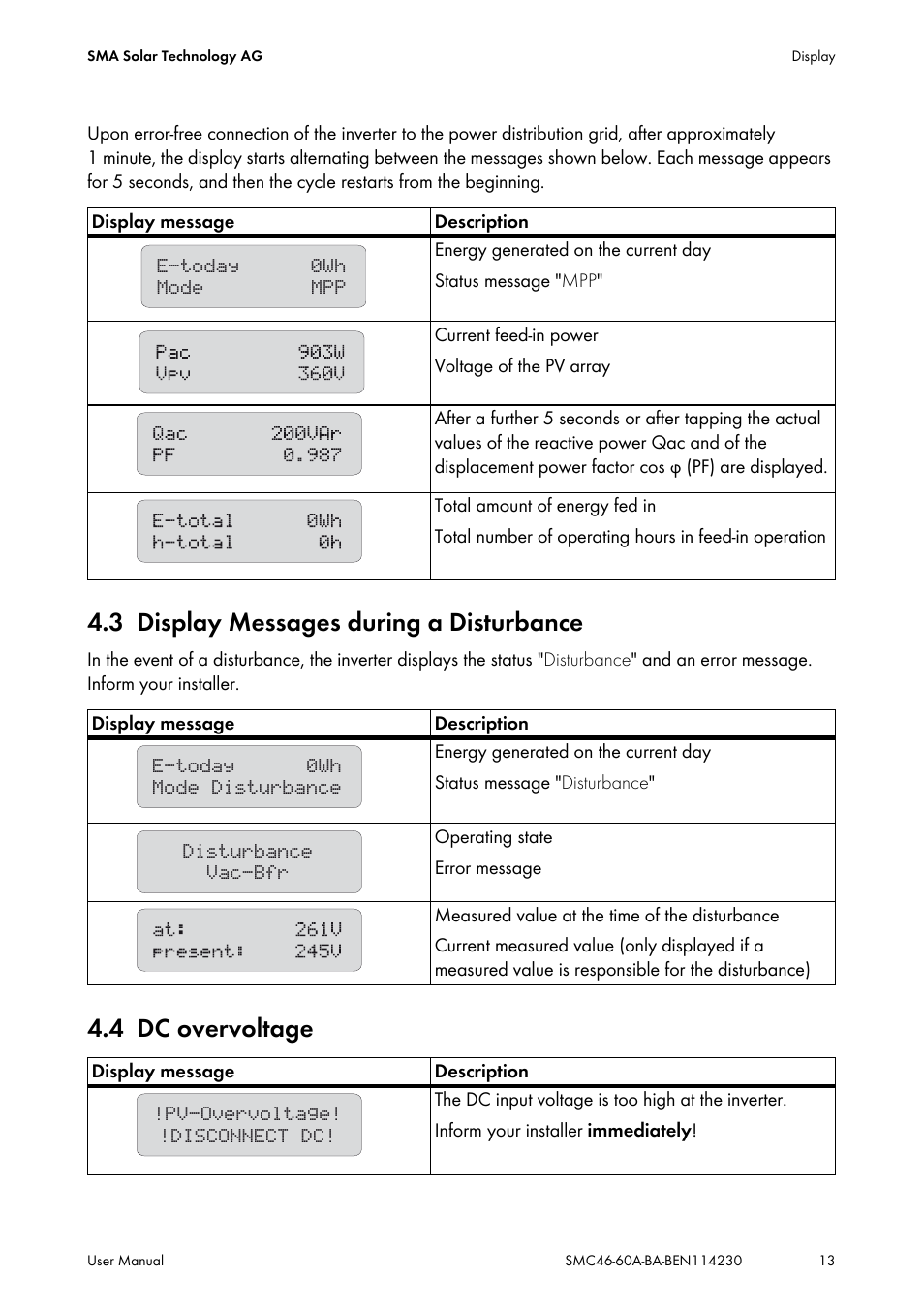 3 display messages during a disturbance, 4 dc overvoltage, Display messages during a disturbance | Dc overvoltage | SMA SMC 4600A User Manual | Page 13 / 24