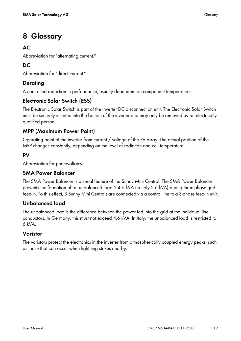 8 glossary, Glossary | SMA SMC 4600A User Manual | Page 19 / 24