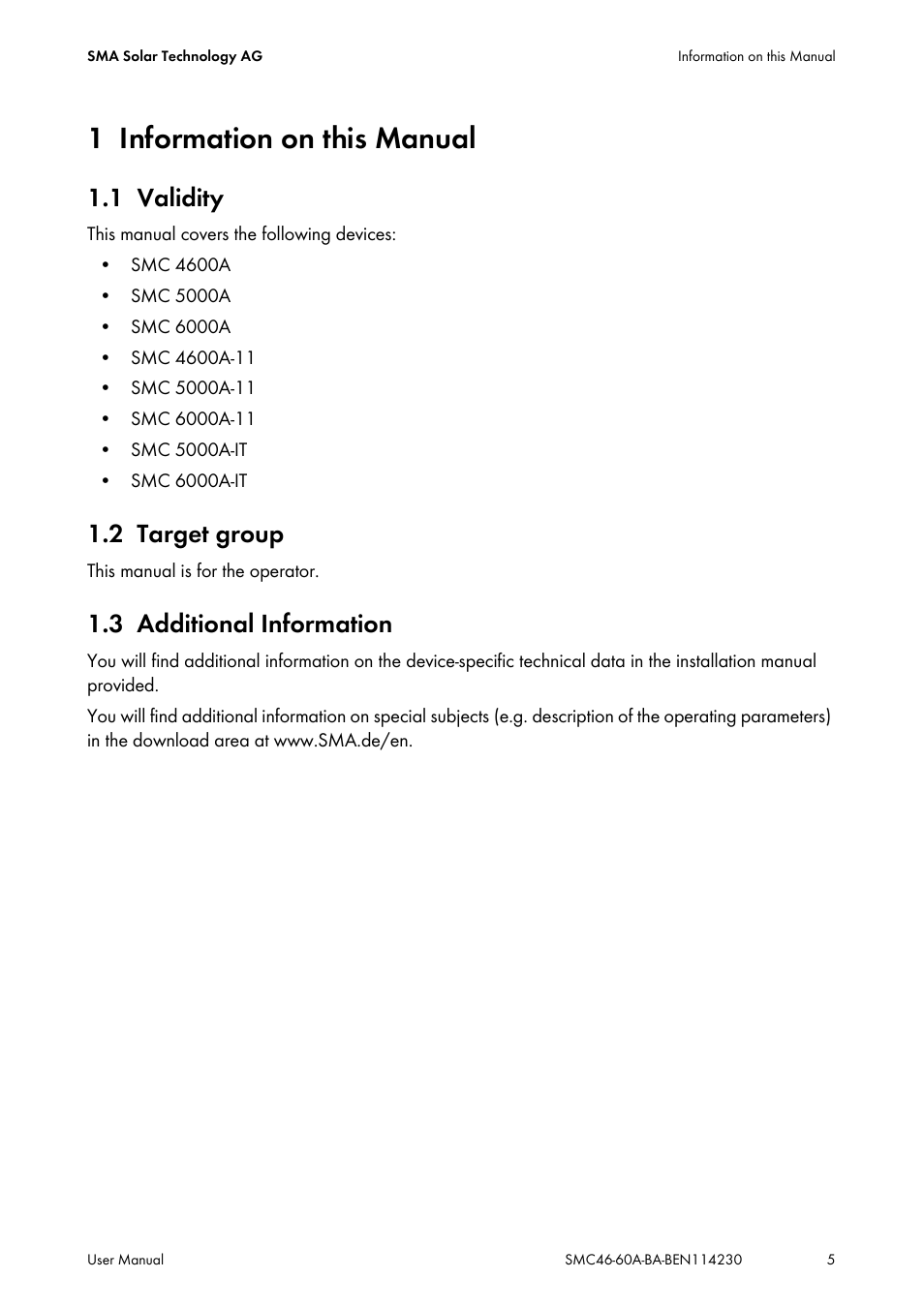 1 information on this manual, 1 validity, 2 target group | 3 additional information, Information on this manual, Validity, Target group, Additional information | SMA SMC 4600A User Manual | Page 5 / 24