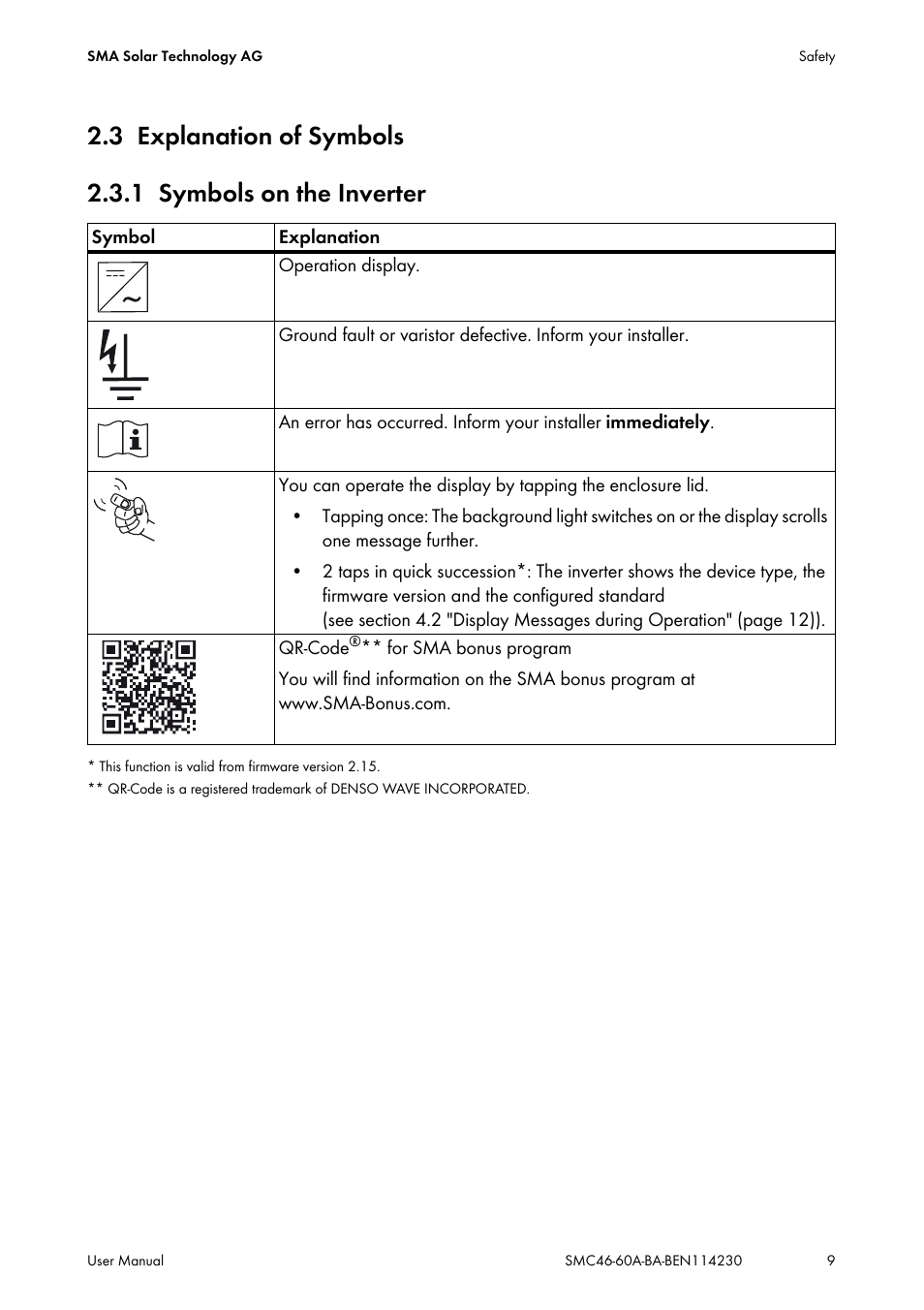 3 explanation of symbols, 1 symbols on the inverter, Explanation of symbols | Symbols on the inverter | SMA SMC 4600A User Manual | Page 9 / 24