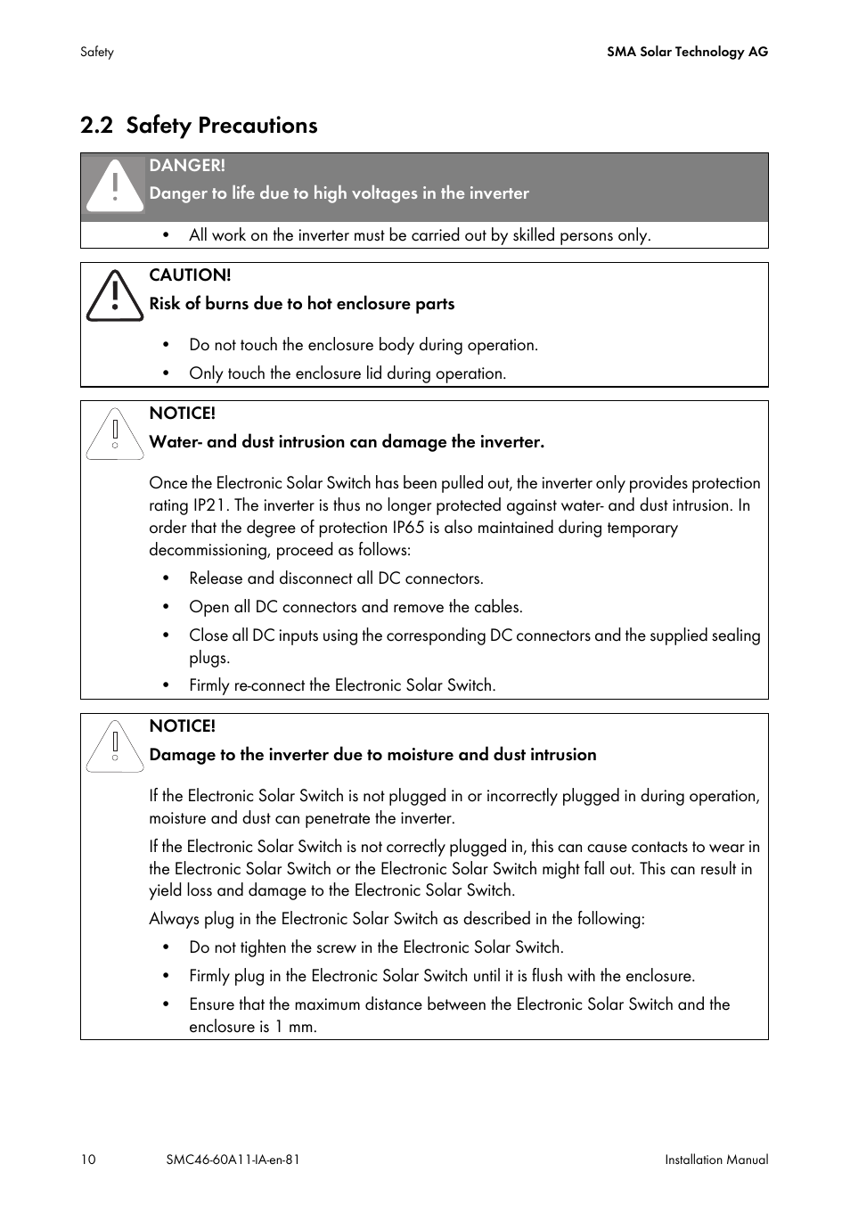 2 safety precautions, Safety precautions | SMA SMC 4600A Installation User Manual | Page 10 / 84