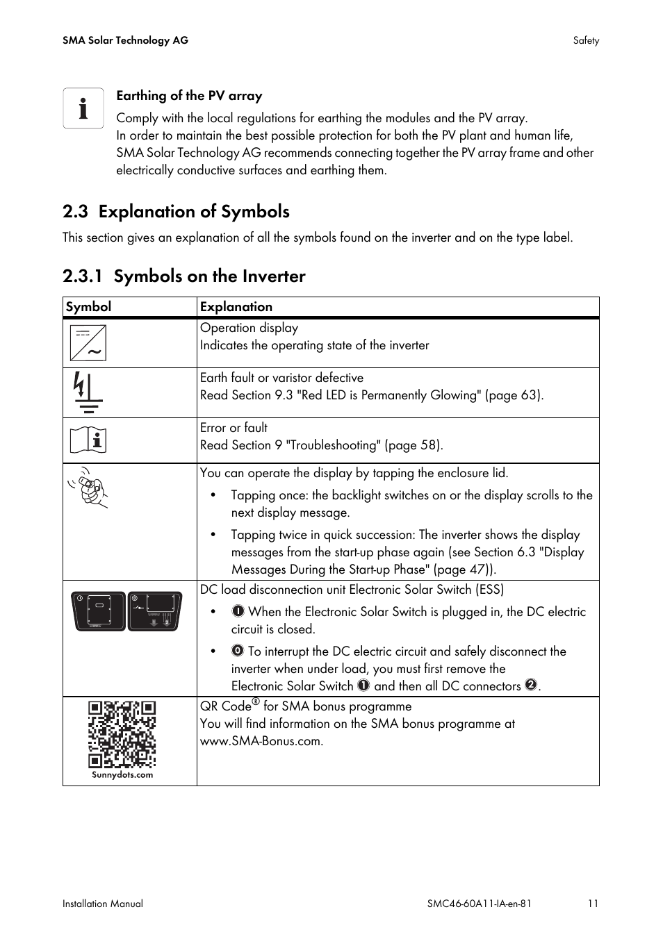 3 explanation of symbols, 1 symbols on the inverter, Explanation of symbols | Symbols on the inverter | SMA SMC 4600A Installation User Manual | Page 11 / 84