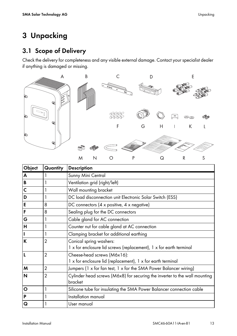 3 unpacking, 1 scope of delivery, Unpacking | Scope of delivery | SMA SMC 4600A Installation User Manual | Page 13 / 84