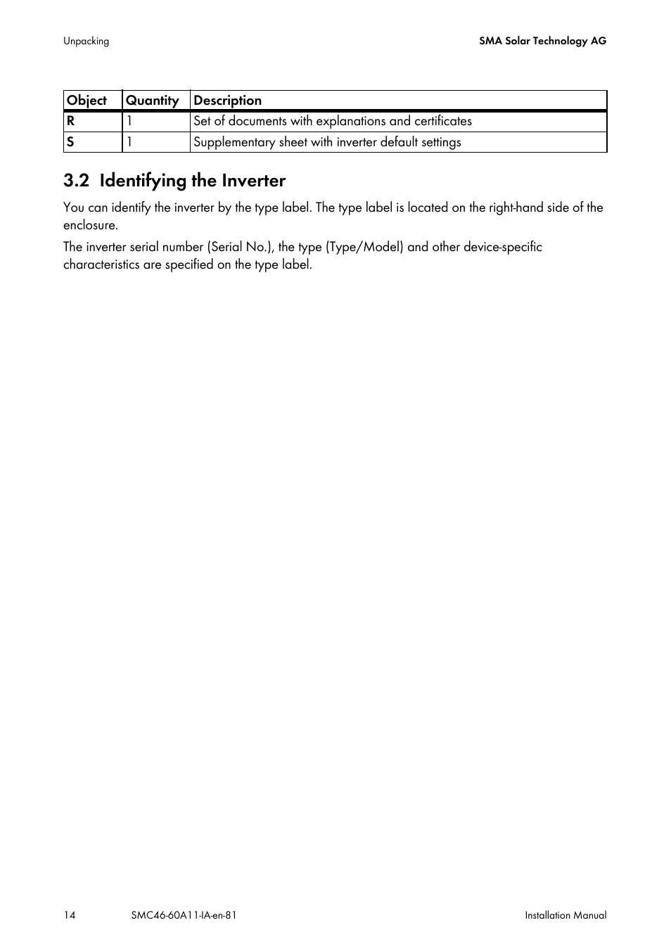 2 identifying the inverter, Identifying the inverter | SMA SMC 4600A Installation User Manual | Page 14 / 84