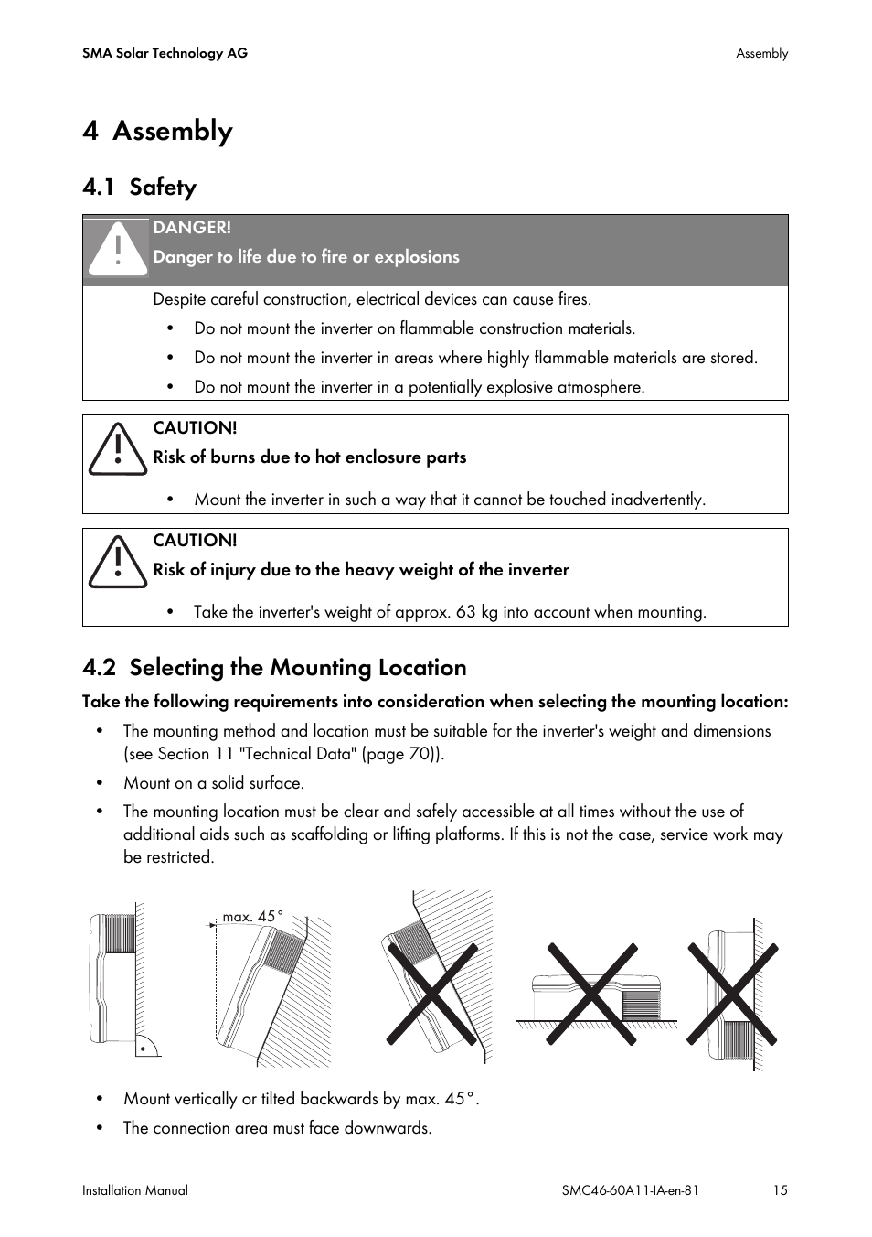 4 assembly, 1 safety, 2 selecting the mounting location | Assembly, Safety, Selecting the mounting location, 1 safety 4.2 selecting the mounting location | SMA SMC 4600A Installation User Manual | Page 15 / 84