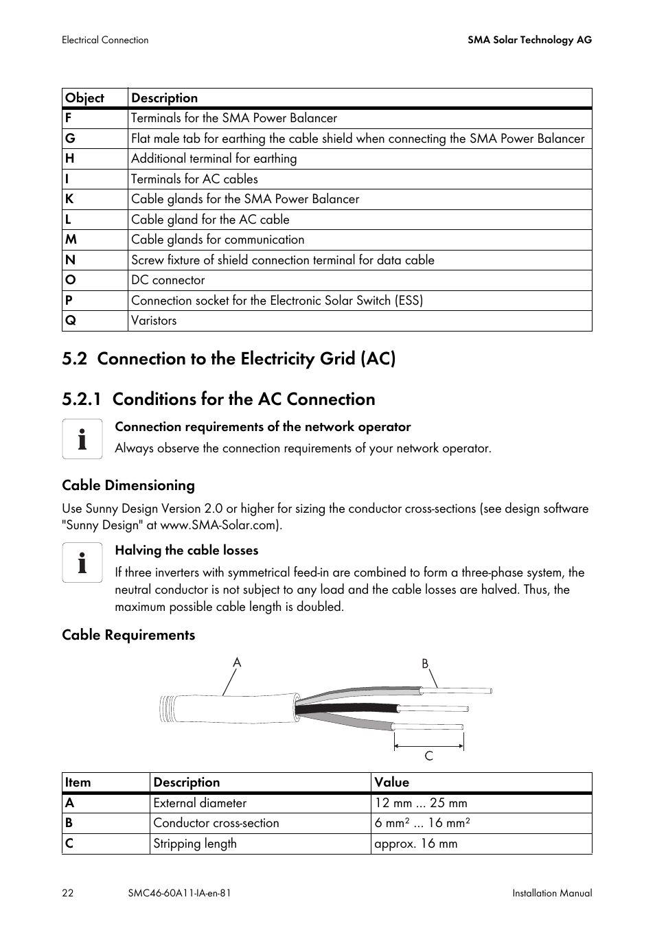 2 connection to the electricity grid (ac), 1 conditions for the ac connection, Connection to the electricity grid (ac) | Conditions for the ac connection | SMA SMC 4600A Installation User Manual | Page 22 / 84