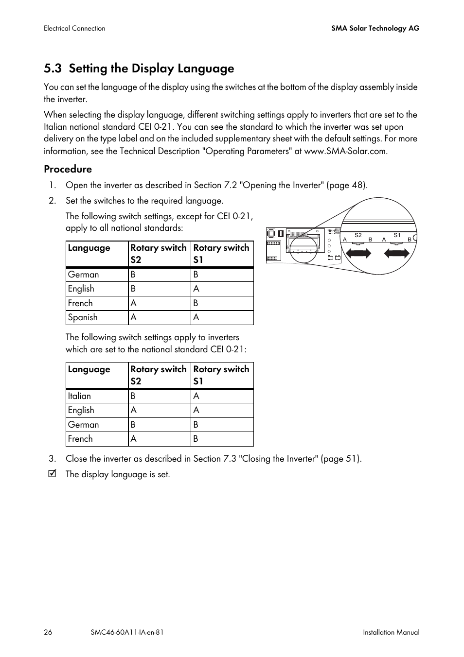 3 setting the display language, Setting the display language | SMA SMC 4600A Installation User Manual | Page 26 / 84