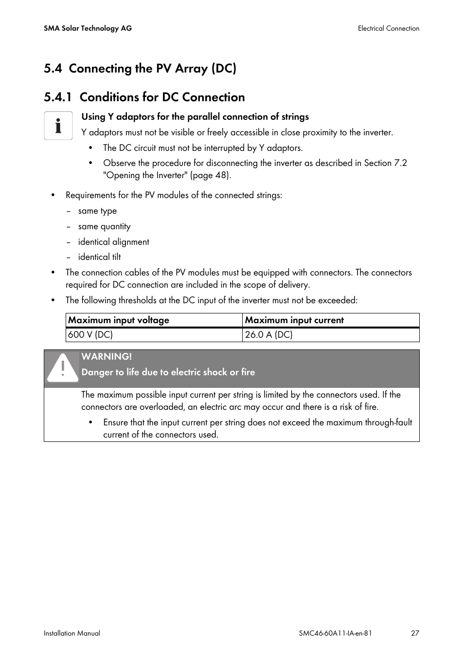 4 connecting the pv array (dc), 1 conditions for dc connection, Connecting the pv array (dc) | Conditions for dc connection | SMA SMC 4600A Installation User Manual | Page 27 / 84