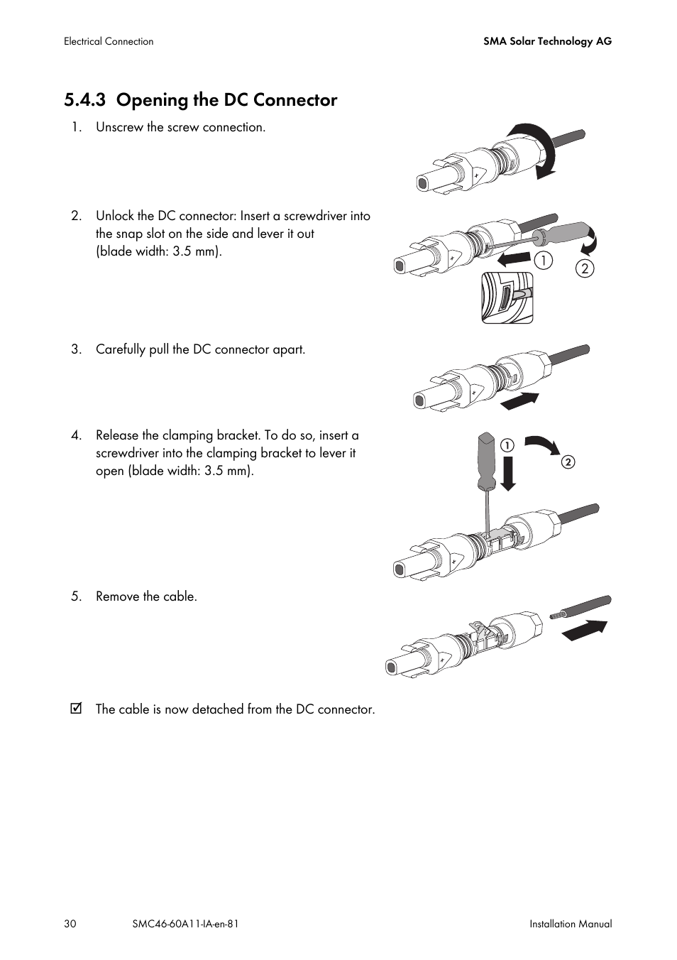 3 opening the dc connector, Opening the dc connector | SMA SMC 4600A Installation User Manual | Page 30 / 84