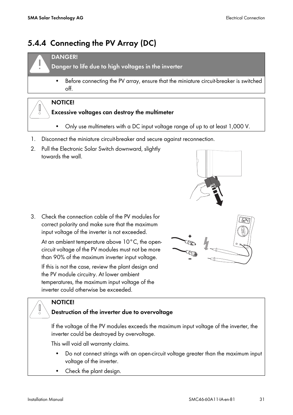 4 connecting the pv array (dc), Connecting the pv array (dc) | SMA SMC 4600A Installation User Manual | Page 31 / 84